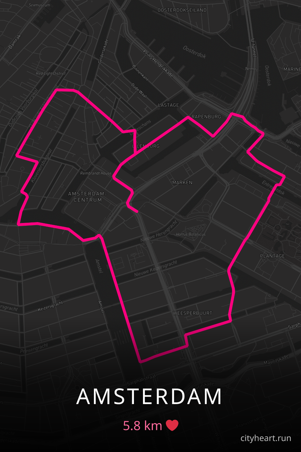 Heart-shaped running route in Amsterdam, 5.8 km — GPS art for Strava