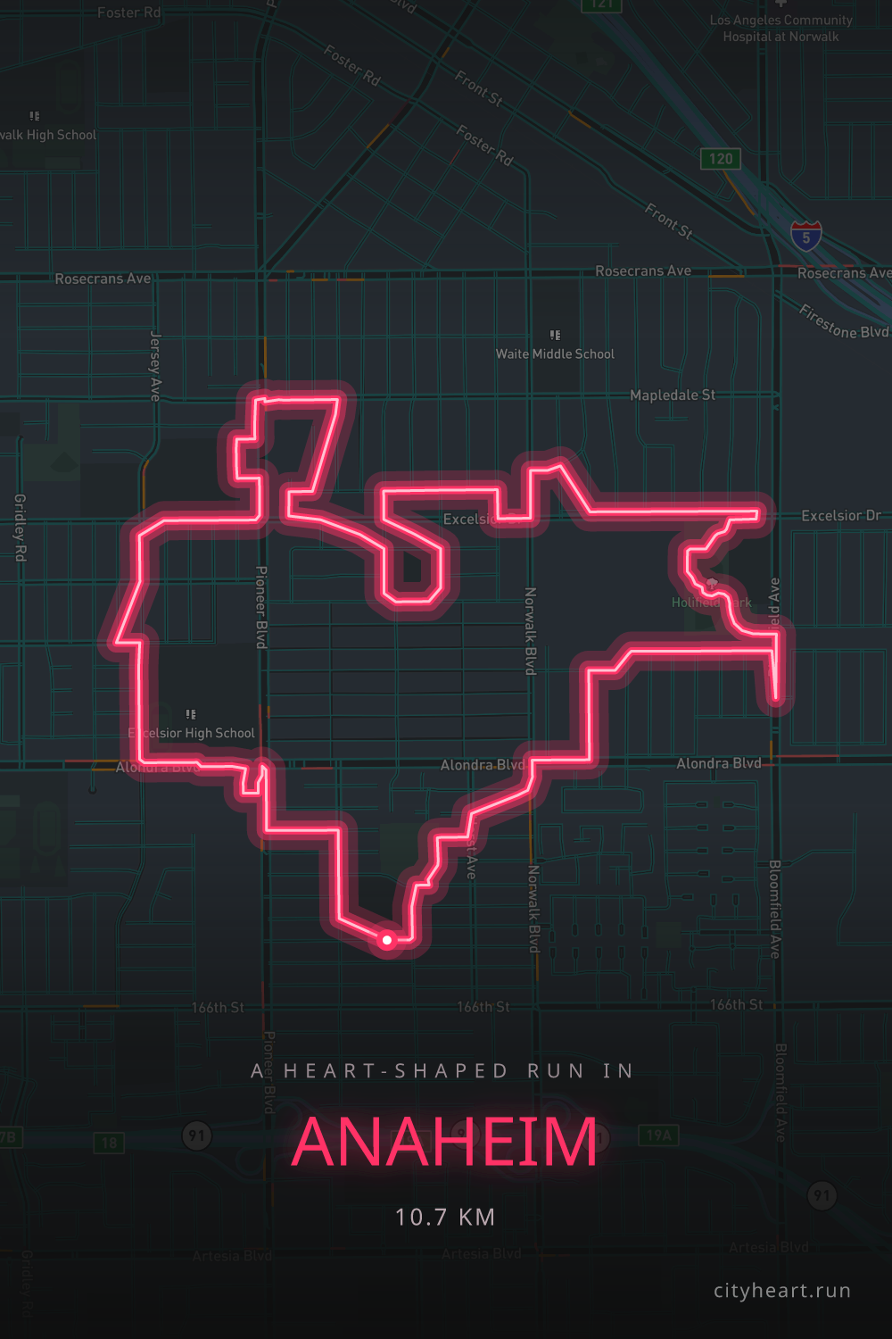 Heart-shaped running route in Anaheim, 10.7 km — GPS art for Strava