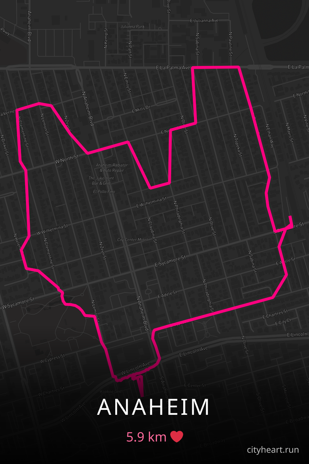 Heart-shaped running route in Anaheim, 5.9 km — GPS art for Strava