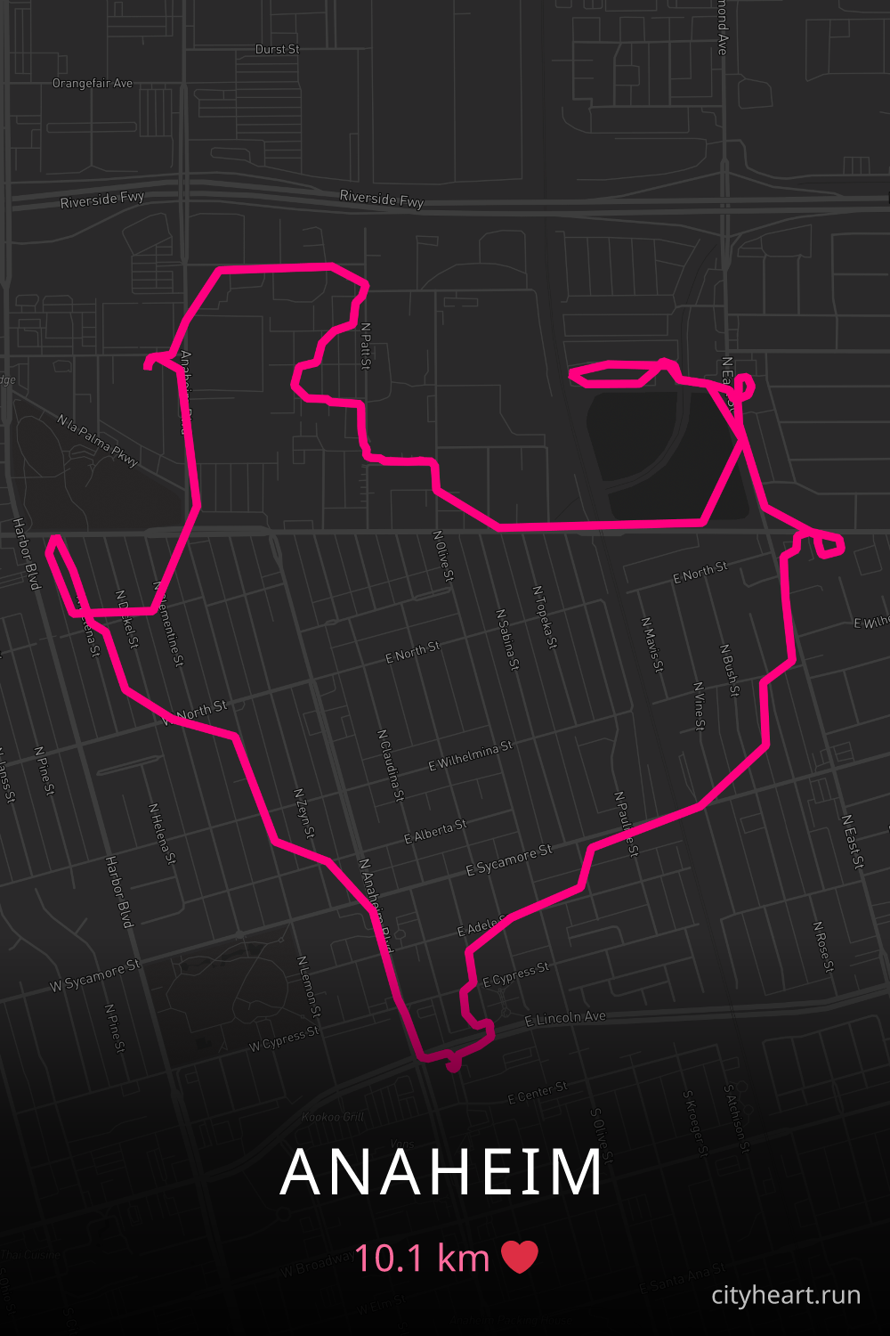 Heart-shaped running route in Anaheim, 10.1 km — GPS art for Strava