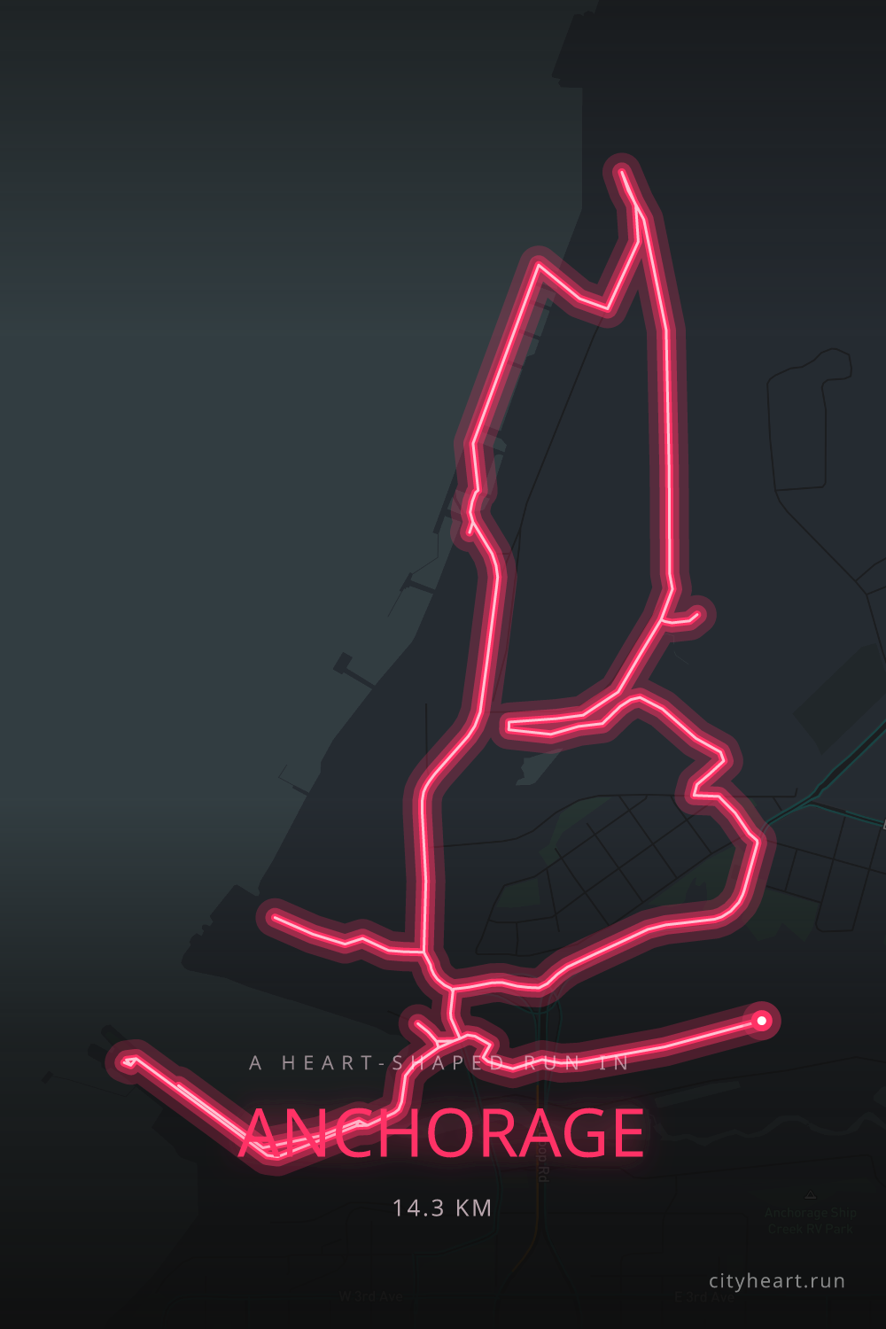 Heart-shaped running route in Anchorage, 14.3 km — GPS art for Strava