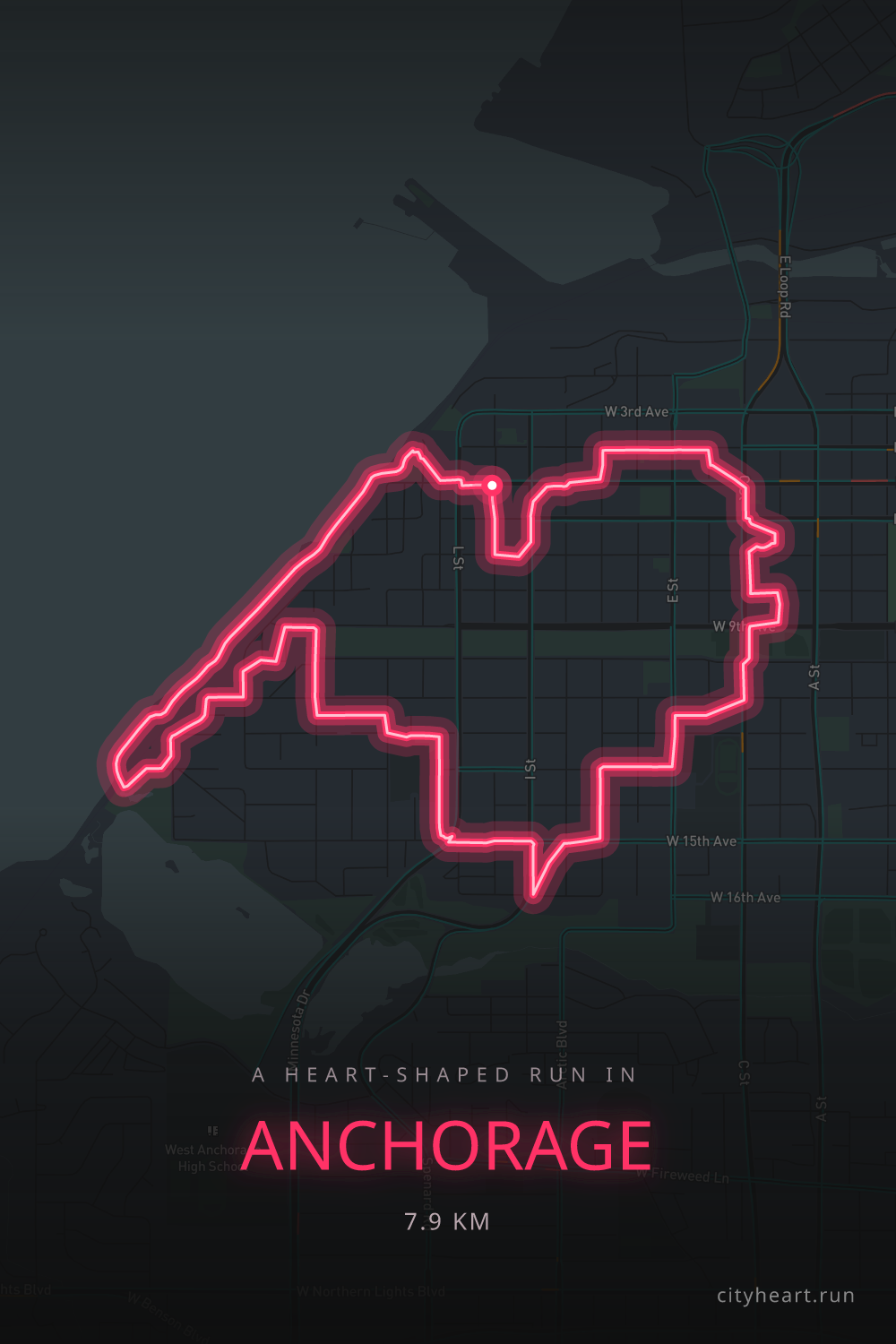 Heart-shaped running route in Anchorage, 7.9 km — GPS art for Strava