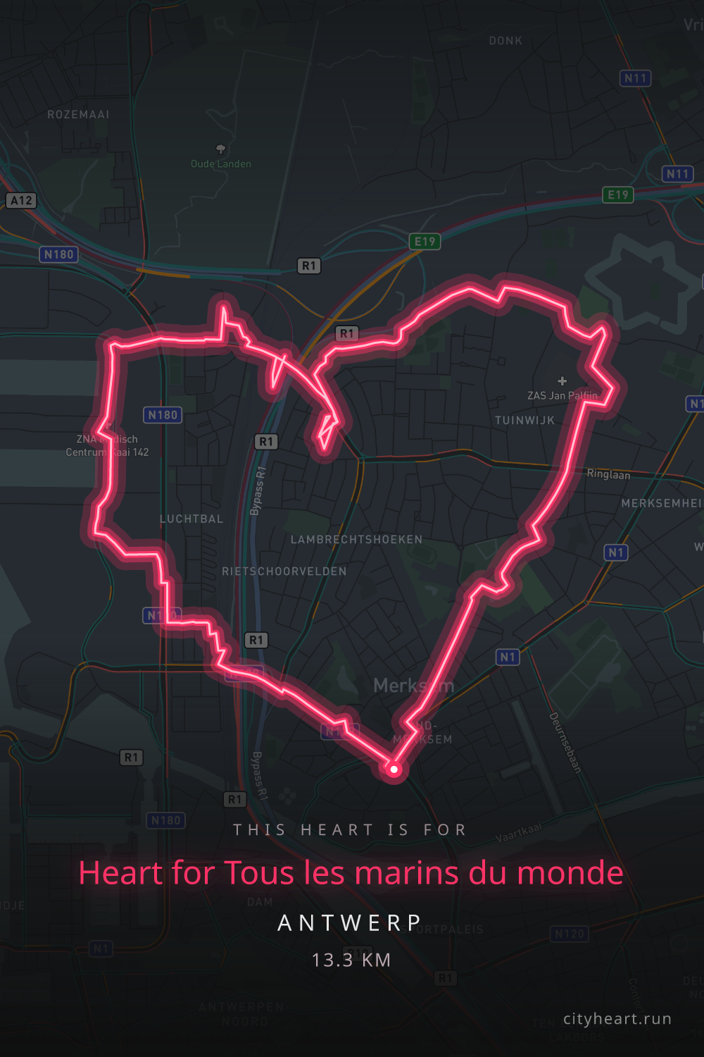 Heart-shaped running route in Antwerp, 15.5 km — GPS art for Strava