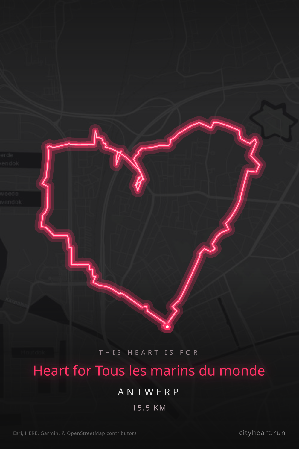 Heart-shaped running route in Antwerp, 15.5 km — GPS art for Strava