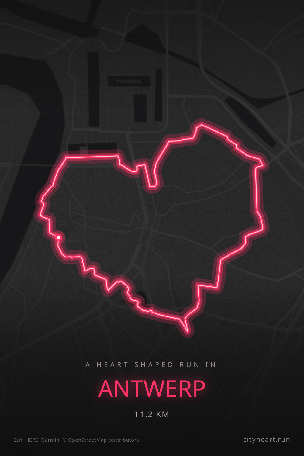 Heart-shaped running route in Antwerp, 11.2 km — GPS art for Strava