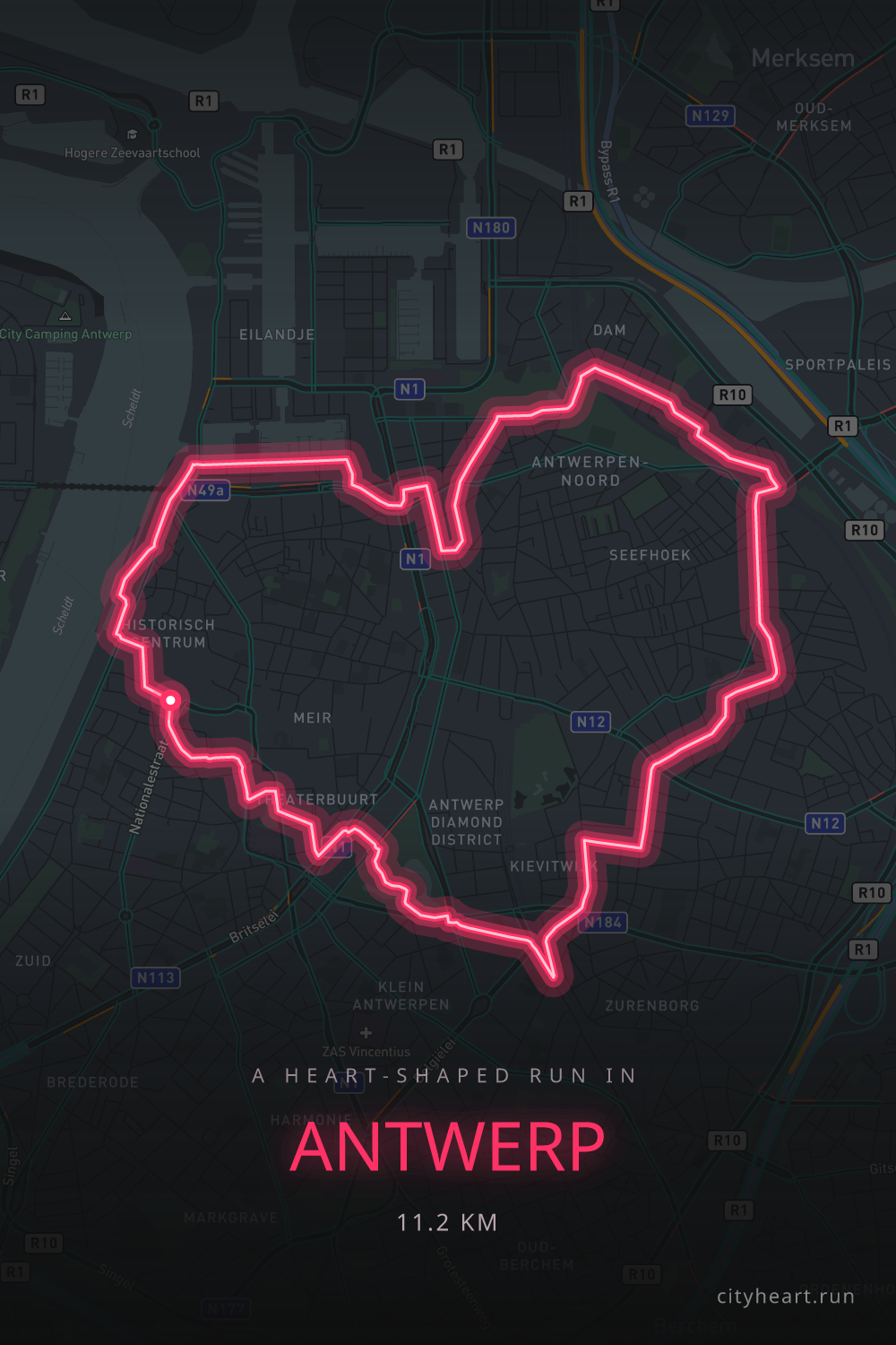 Heart-shaped running route in Antwerp, 11.2 km — GPS art for Strava