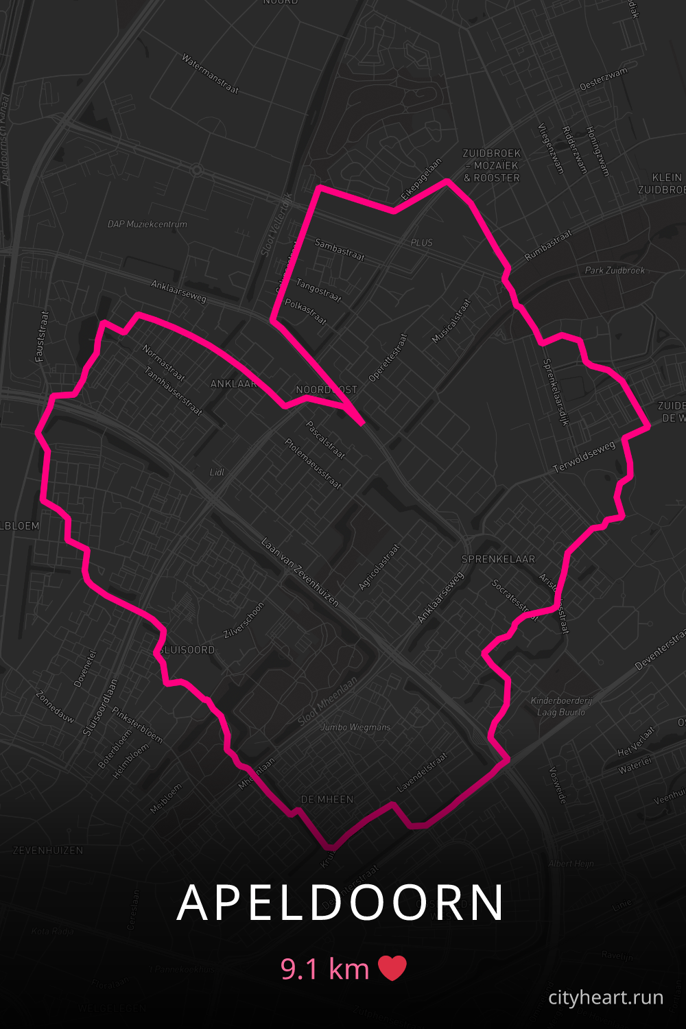 Heart-shaped running route in Apeldoorn, 9.2 km — GPS art for Strava