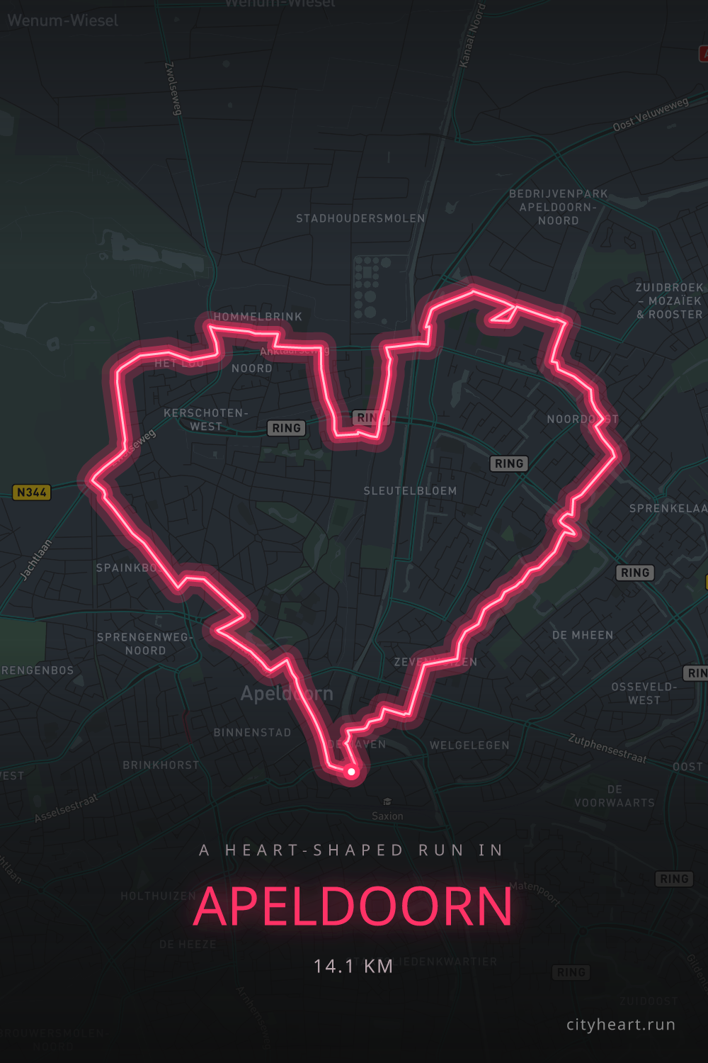 Heart-shaped running route in Apeldoorn, 15.1 km — GPS art for Strava