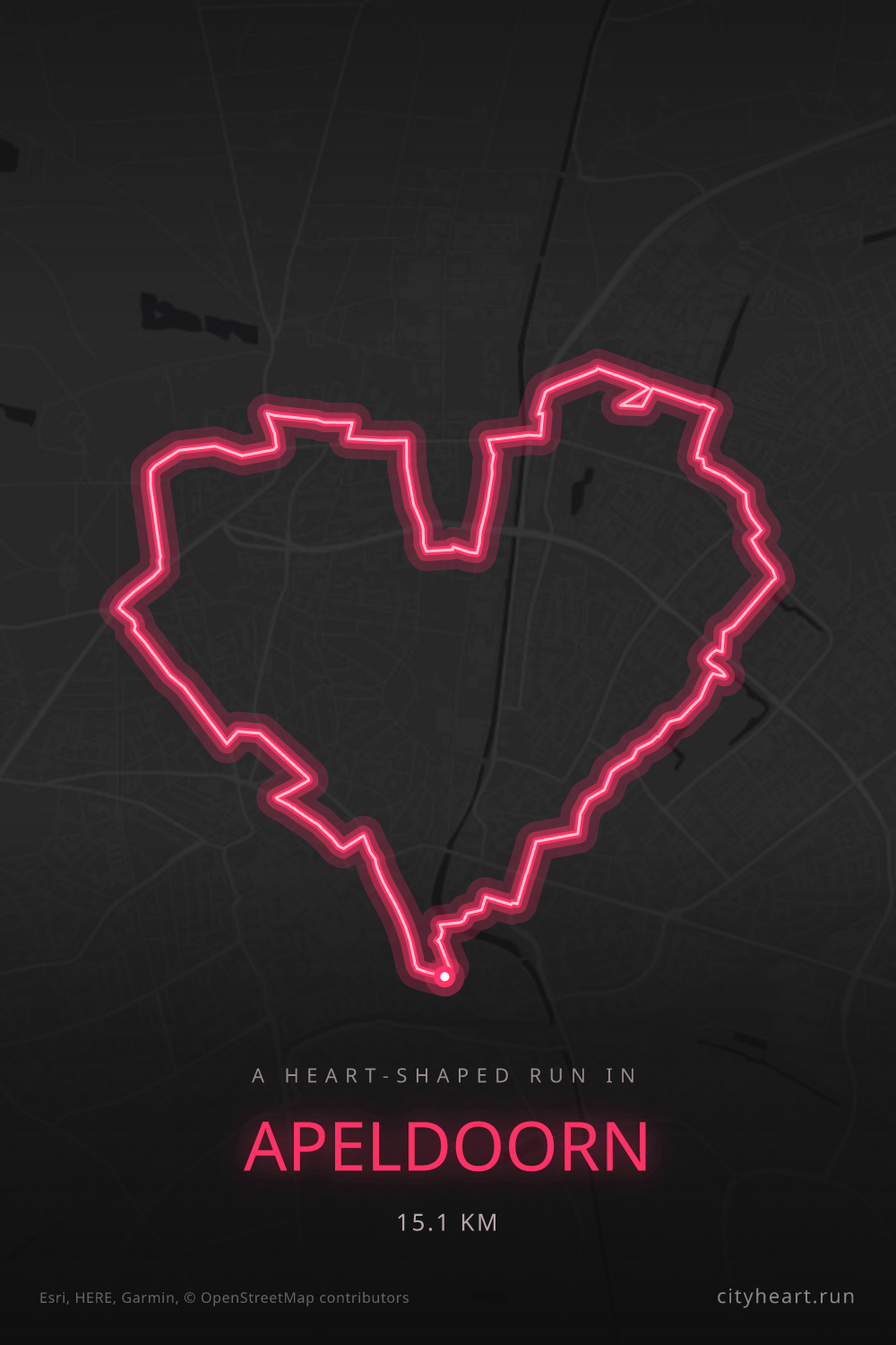 Heart-shaped running route in Apeldoorn, 15.1 km — GPS art for Strava