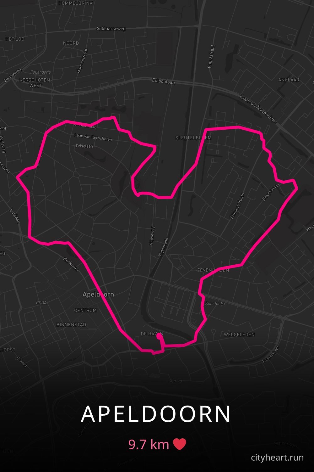 Heart-shaped running route in Apeldoorn, 9.7 km — GPS art for Strava
