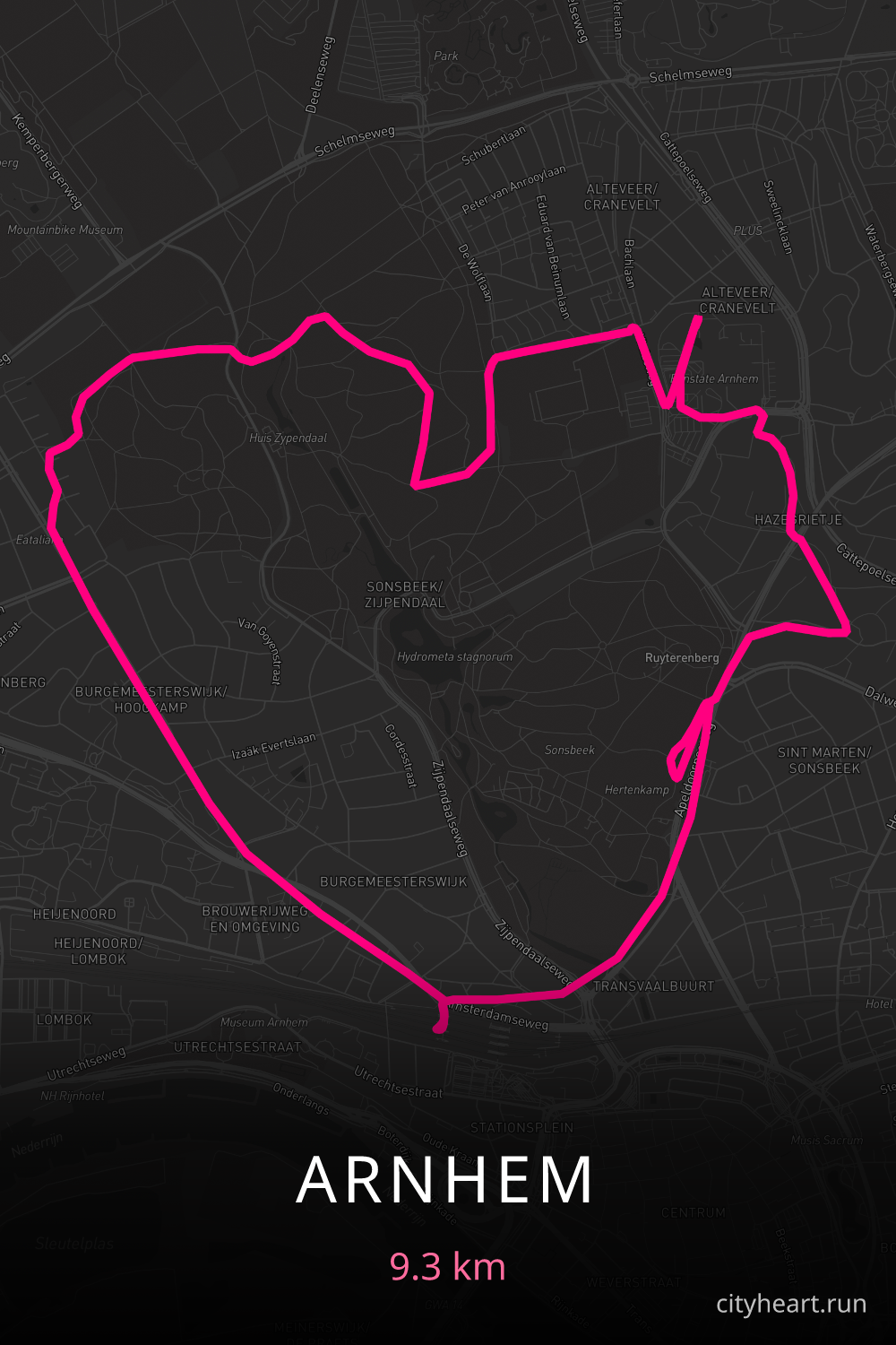 Heart-shaped running route in Arnhem, 9.3 km — GPS art for Strava