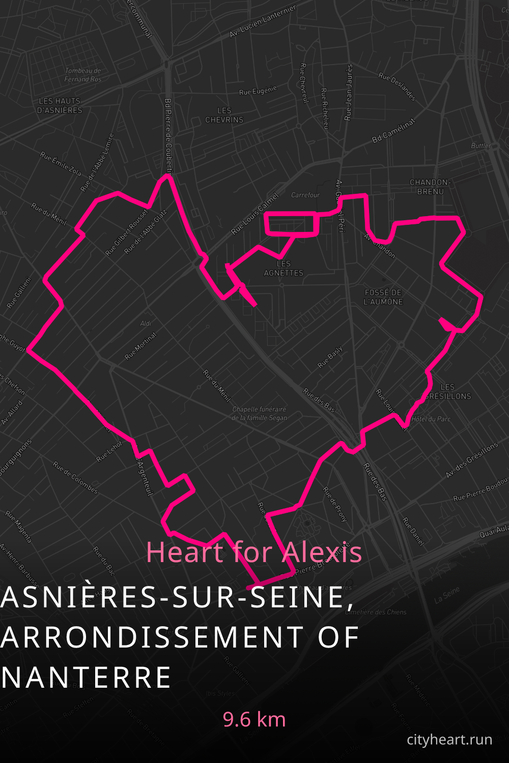 Heart-shaped running route in Asnières-sur-Seine, Arrondissement of Nanterre, 9.6 km — GPS art for Strava