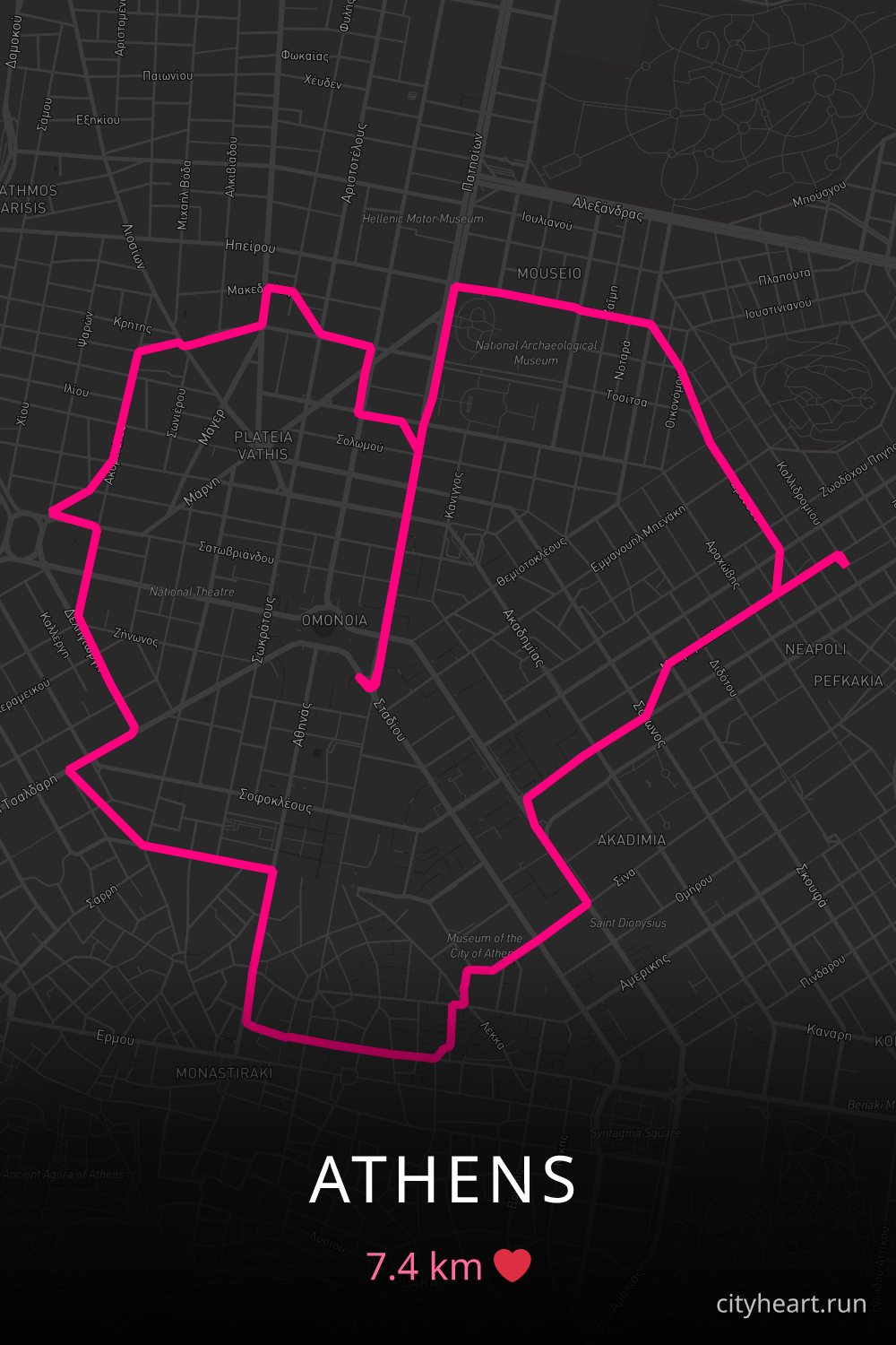 Heart-shaped running route in Athens, 7.4 km — GPS art for Strava