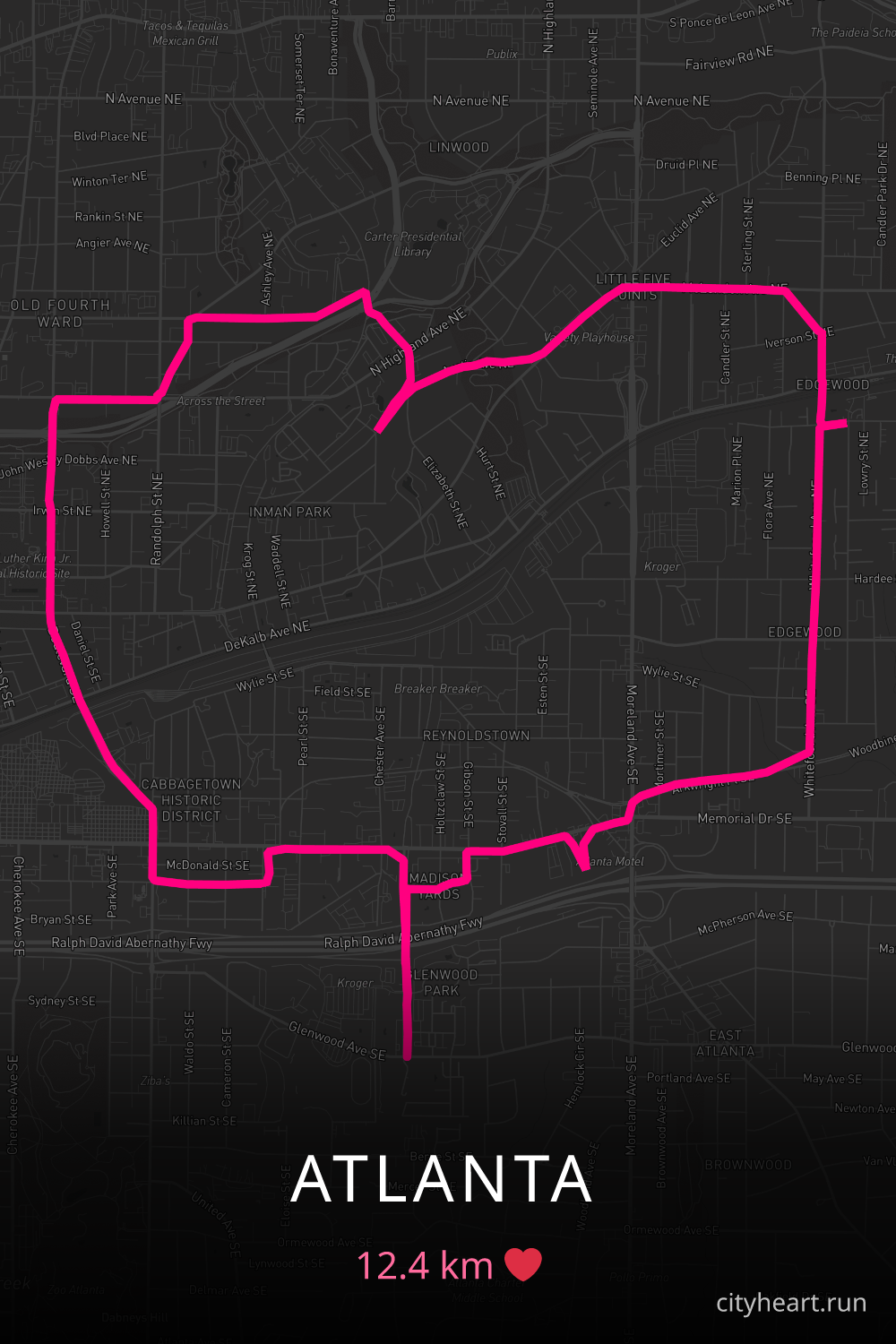 Heart-shaped running route in Atlanta, 12.4 km — GPS art for Strava