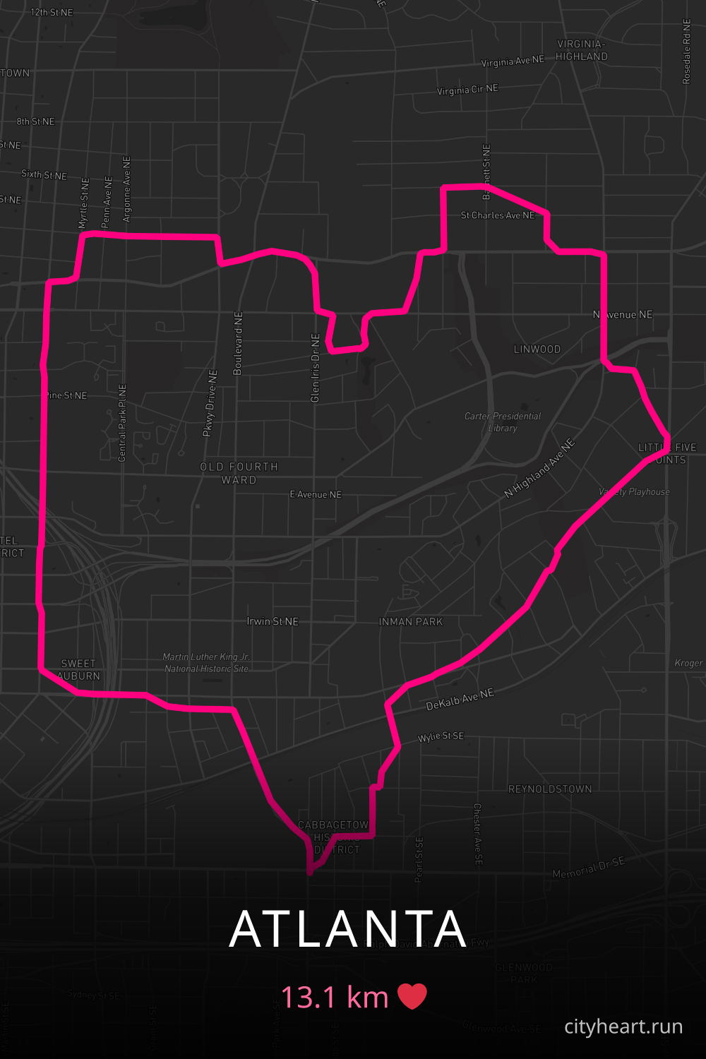 Heart-shaped running route in Atlanta, 13.1 km — GPS art for Strava