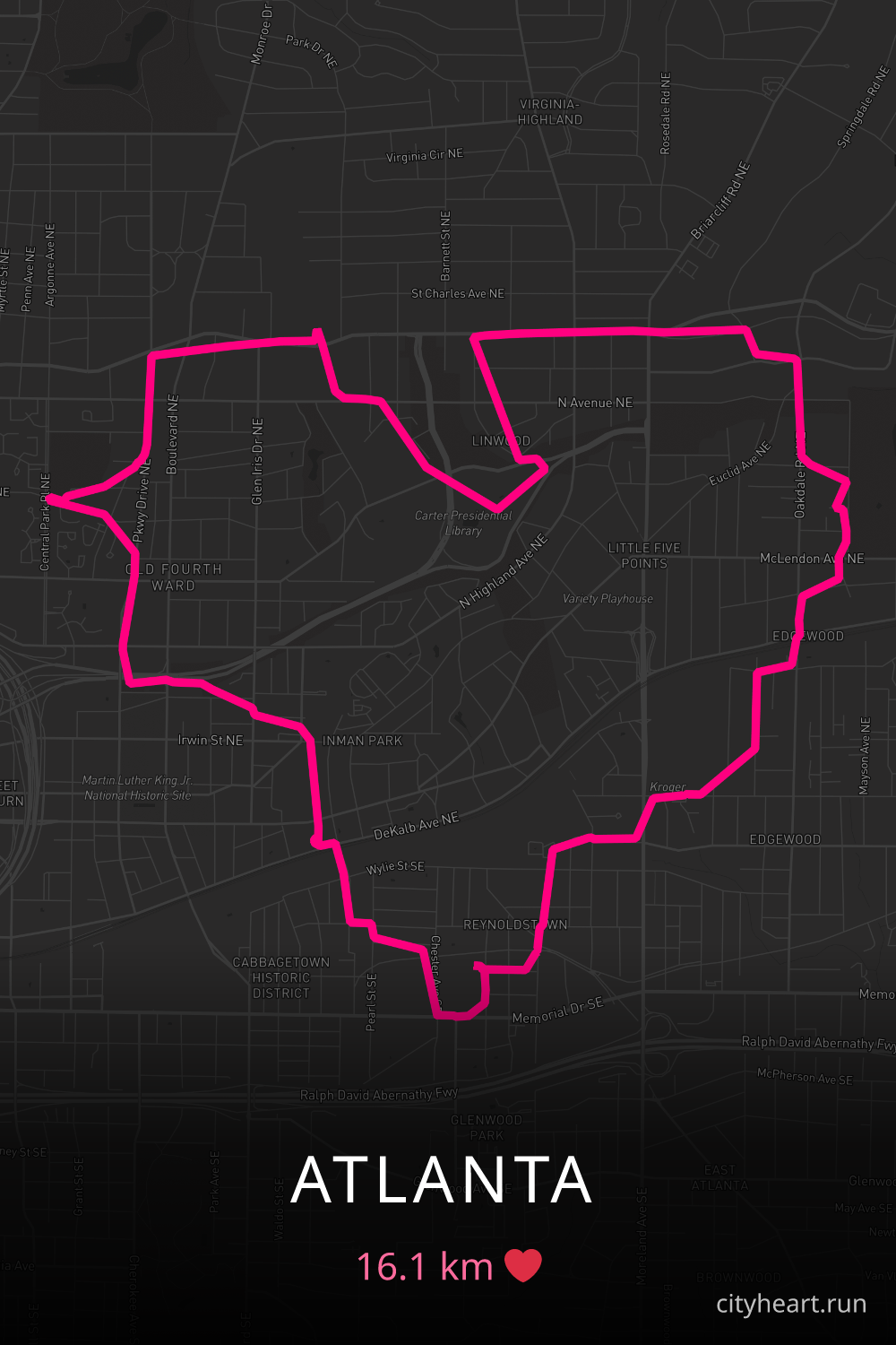 Heart-shaped running route in Atlanta, 16.1 km — GPS art for Strava