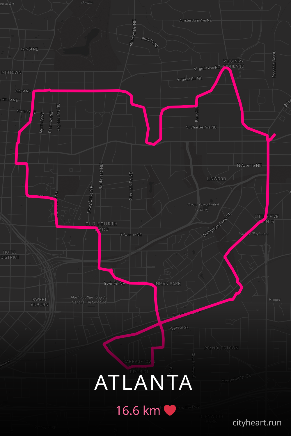 Heart-shaped running route in Atlanta, 16.6 km — GPS art for Strava