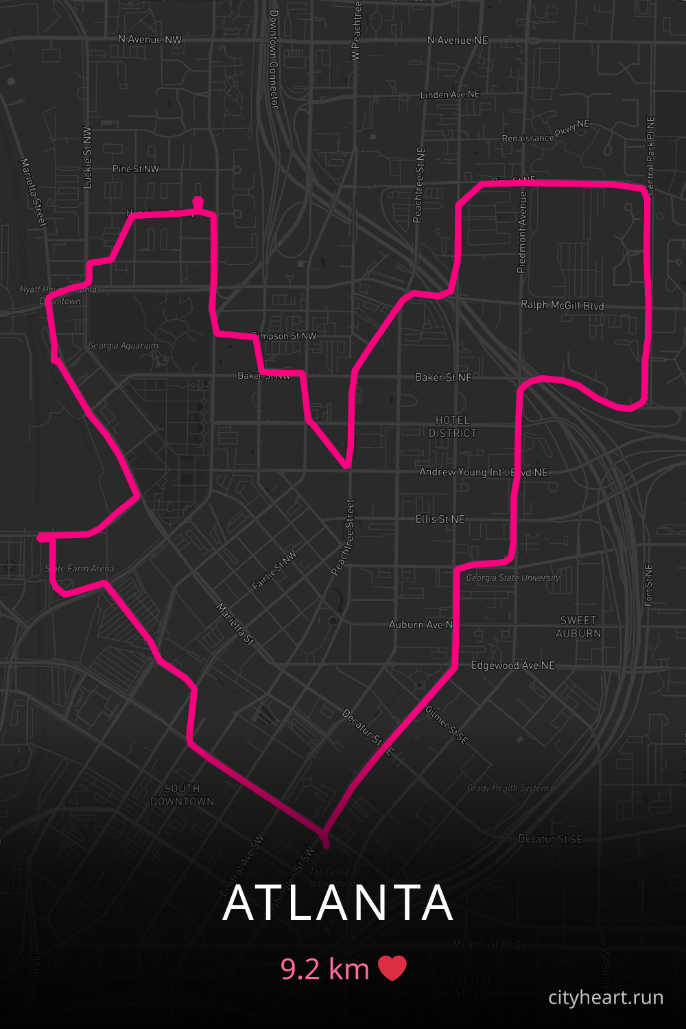 Heart-shaped running route in Atlanta, 9.2 km — GPS art for Strava