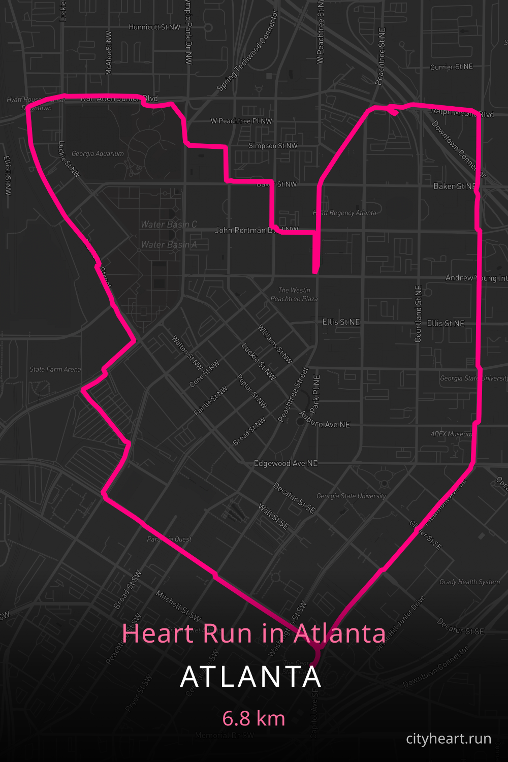 Heart-shaped running route in Atlanta, 6.8 km — GPS art for Strava