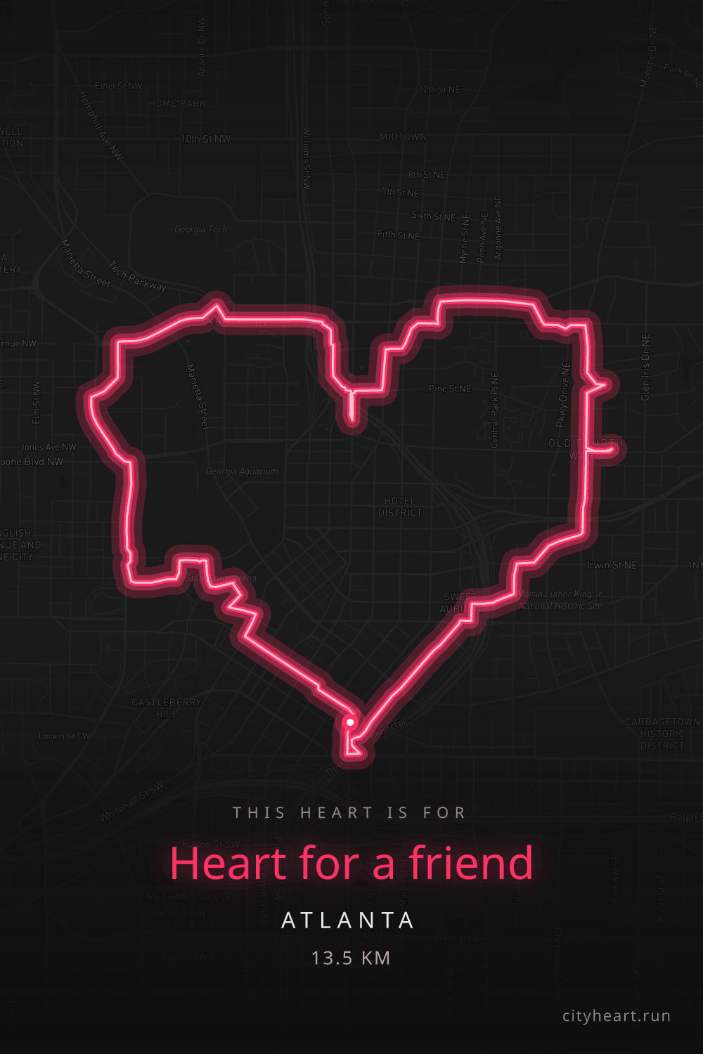 Heart-shaped running route in Atlanta, 14.4 km — GPS art for Strava