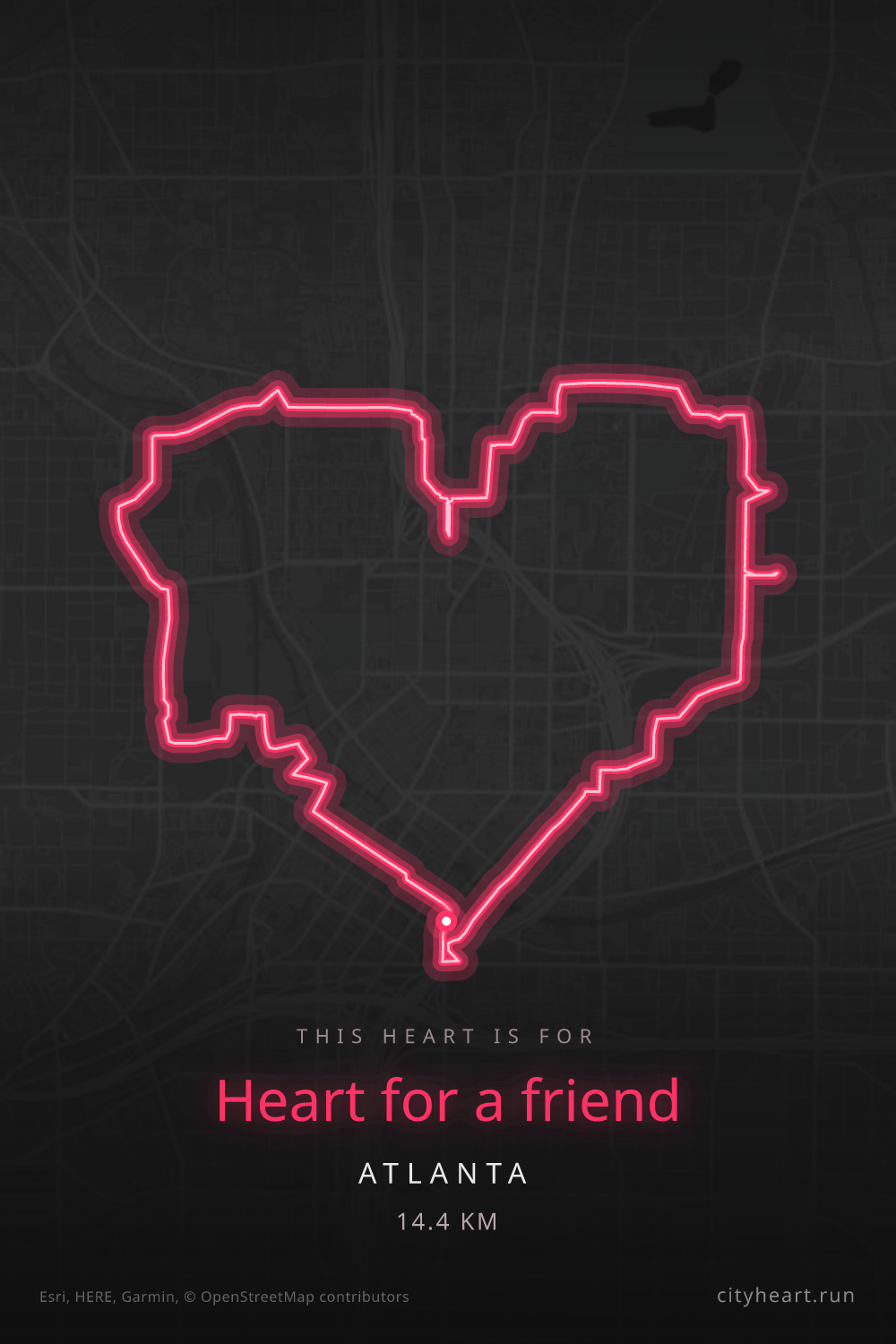 Heart-shaped running route in Atlanta, 14.4 km — GPS art for Strava