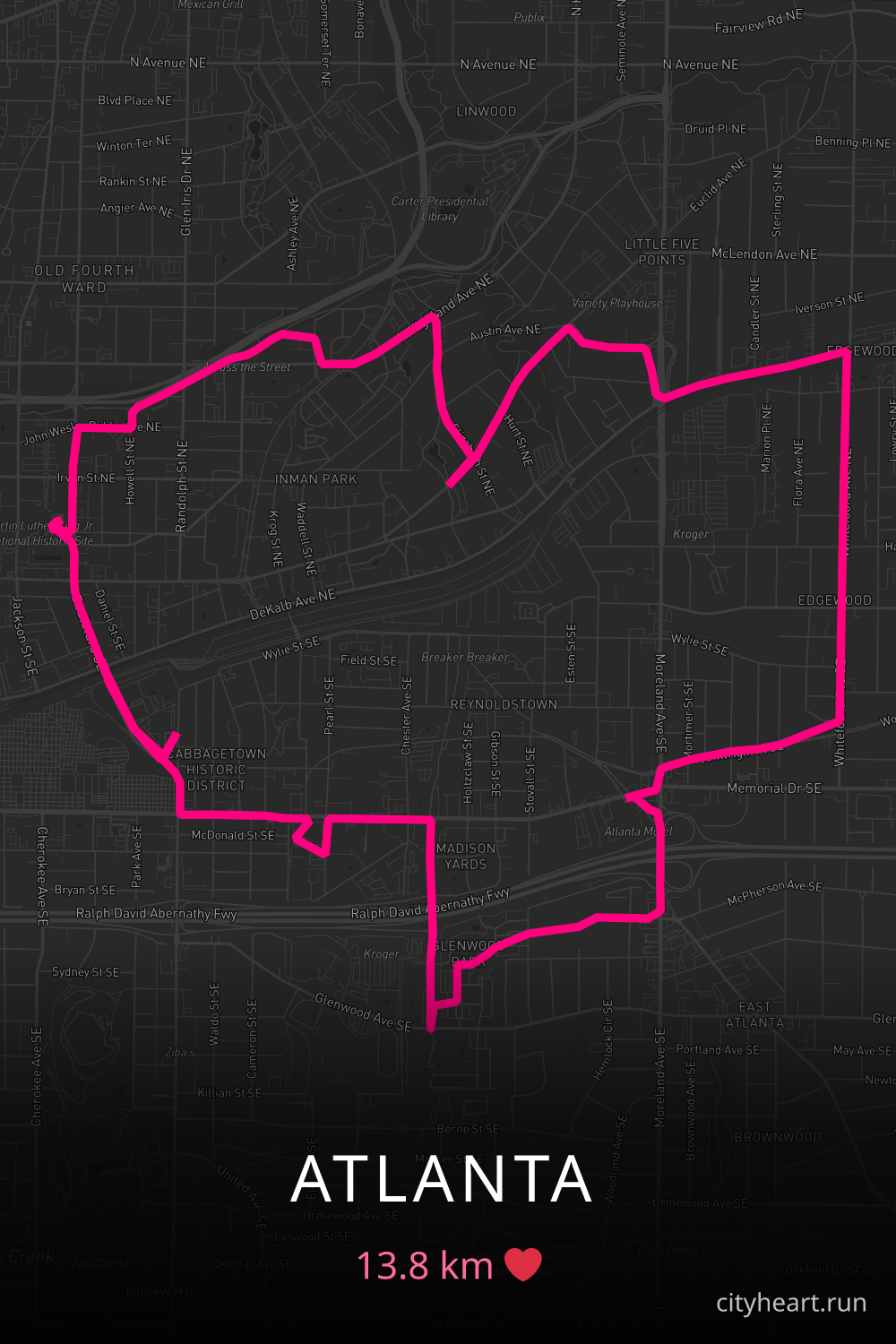 Heart-shaped running route in Atlanta, 13.8 km — GPS art for Strava