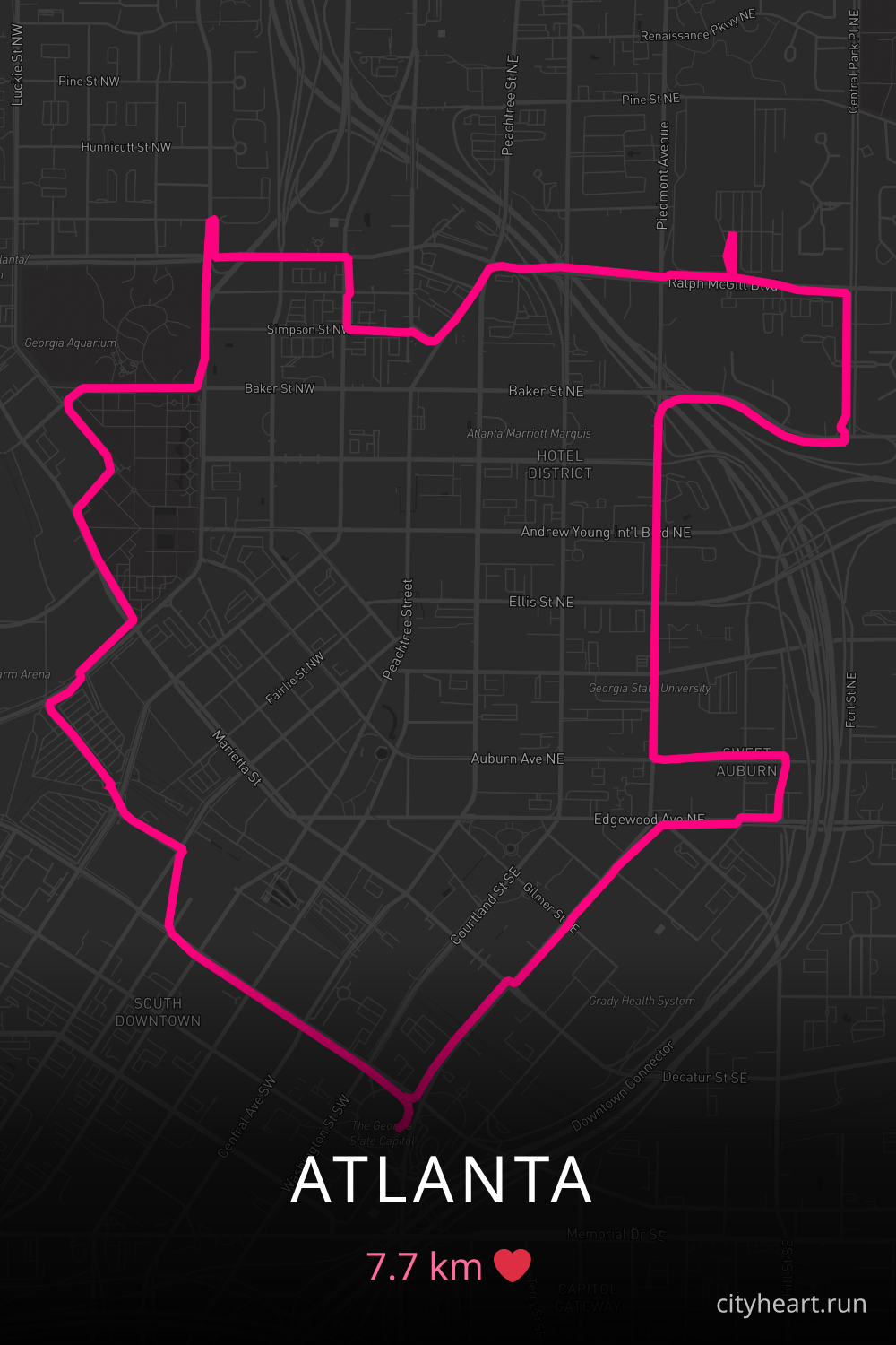 Heart-shaped running route in Atlanta, 7.7 km — GPS art for Strava