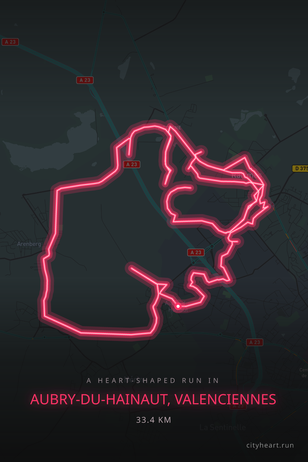 Heart-shaped running route in Aubry-du-Hainaut, Valenciennes, 33.4 km — GPS art for Strava