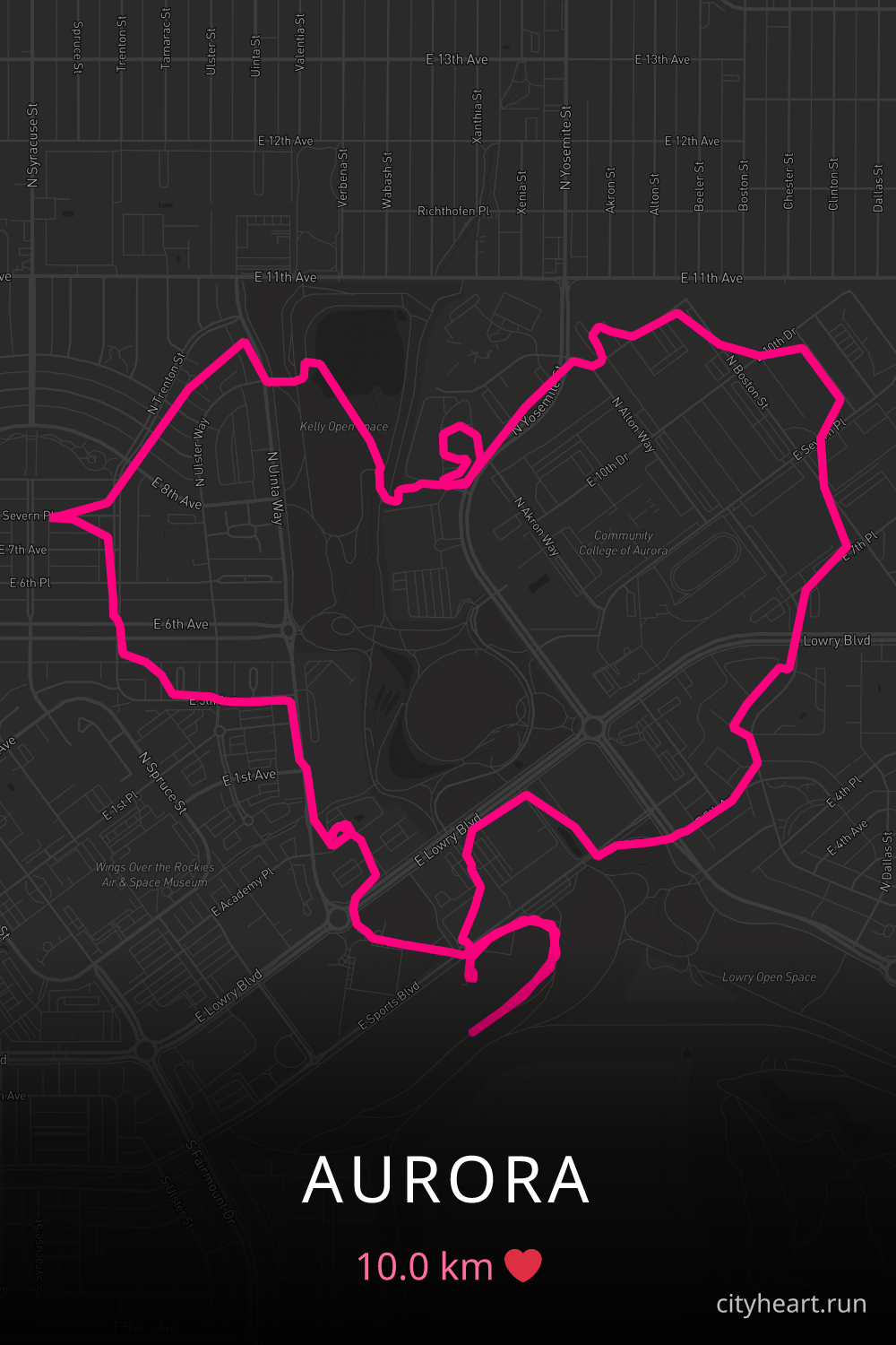 Heart-shaped running route in Aurora, 10.0 km — GPS art for Strava