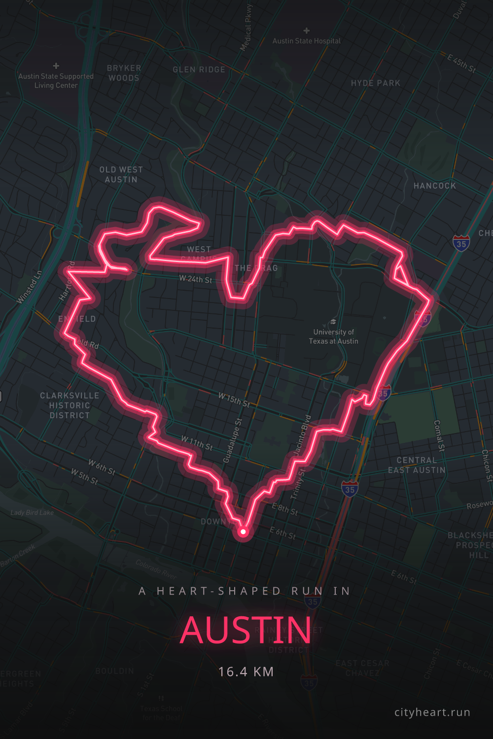 Heart-shaped running route in Austin, 17.2 km — GPS art for Strava