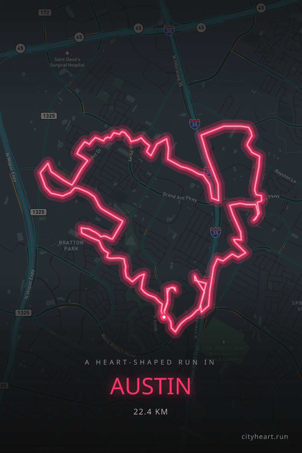 Heart-shaped running route in Austin, 22.4 km — GPS art for Strava