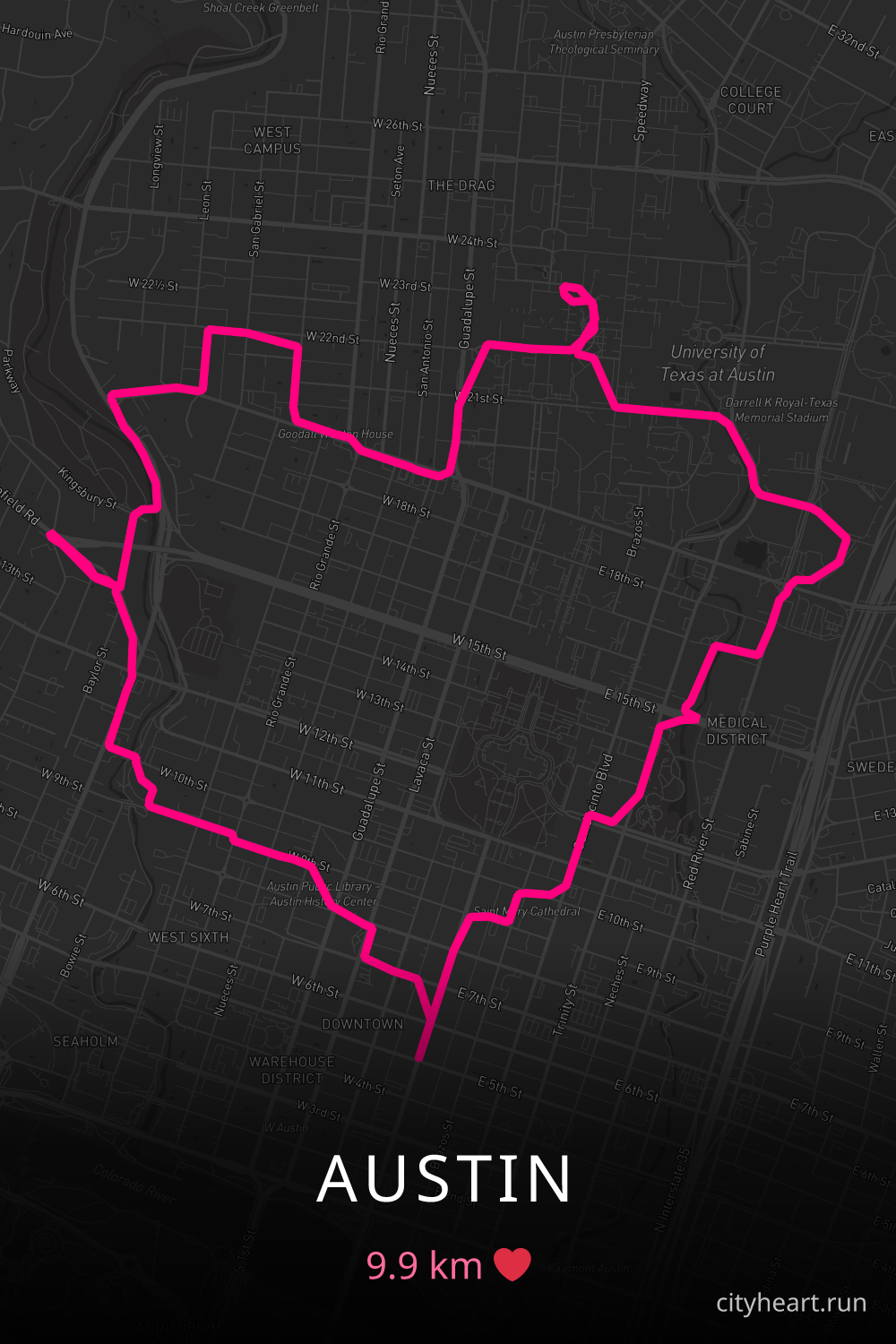Heart-shaped running route in Austin, 9.9 km — GPS art for Strava
