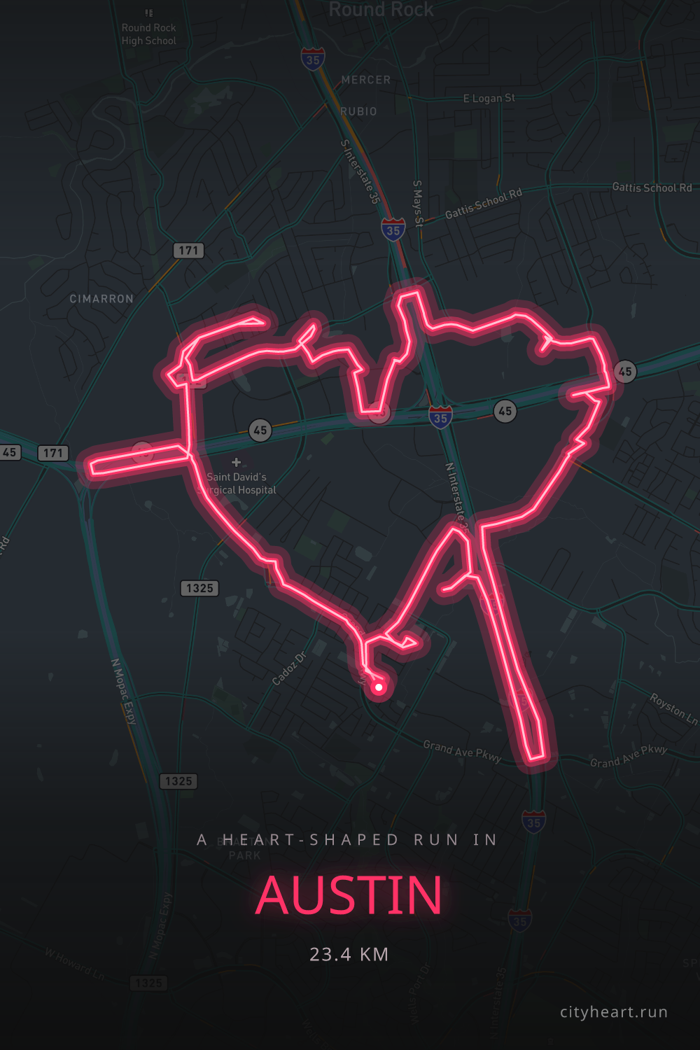 Heart-shaped running route in Austin, 24.6 km — GPS art for Strava
