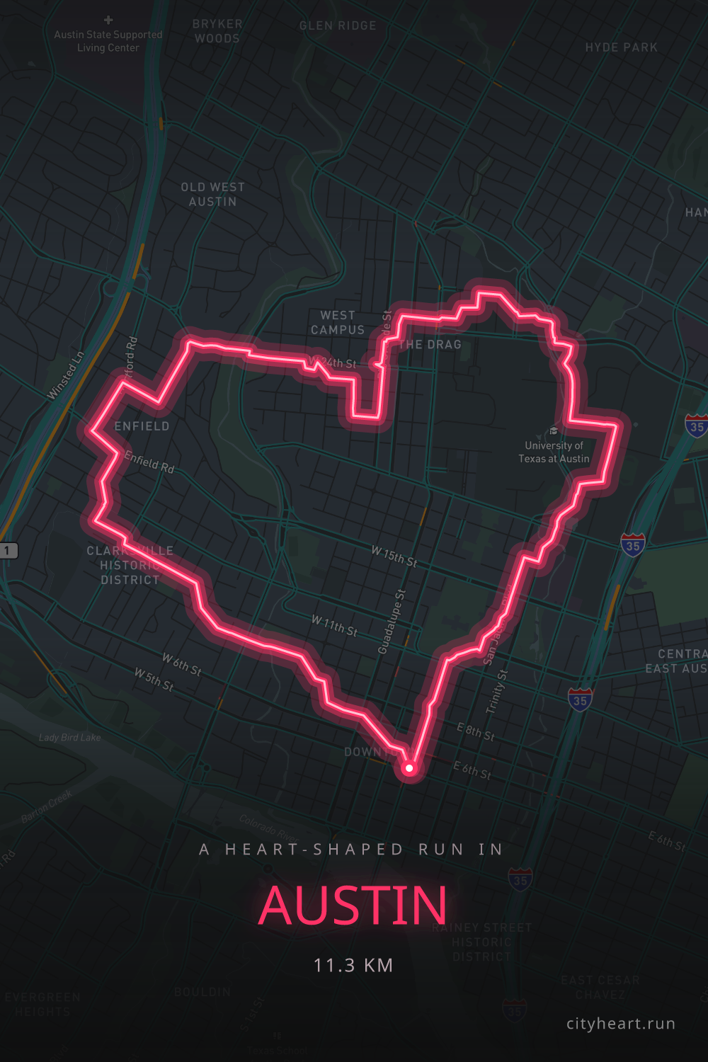 Heart-shaped running route in Austin, 11.3 km — GPS art for Strava