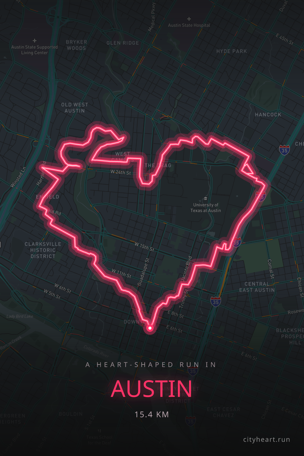 Heart-shaped running route in Austin, 15.4 km — GPS art for Strava
