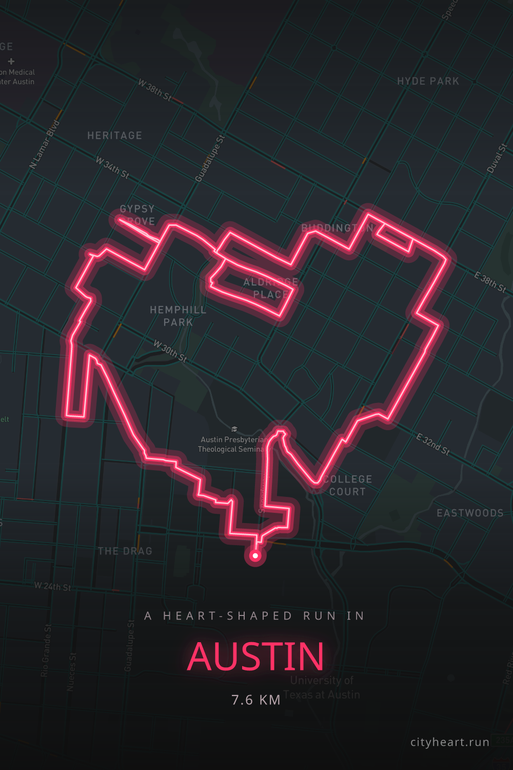 Heart-shaped running route in Austin, 7.6 km — GPS art for Strava