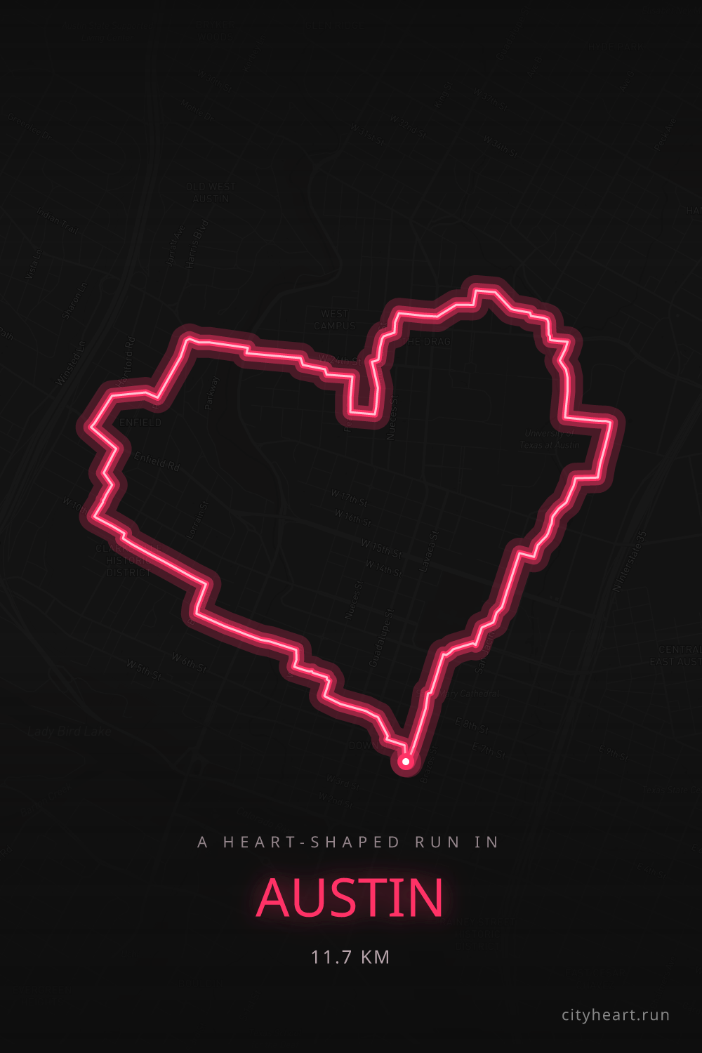 Heart-shaped running route in Austin, 12.5 km — GPS art for Strava