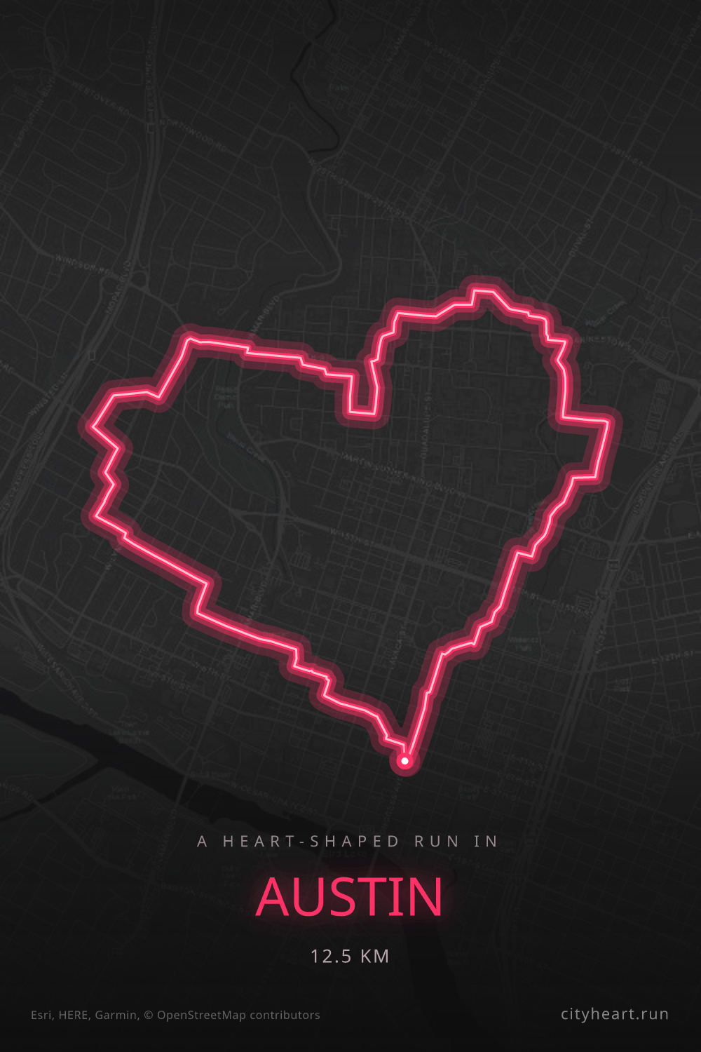 Heart-shaped running route in Austin, 12.5 km — GPS art for Strava