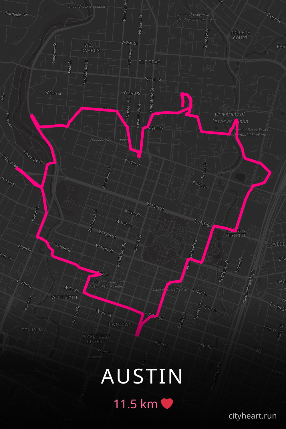 Heart-shaped running route in Austin, 11.5 km — GPS art for Strava