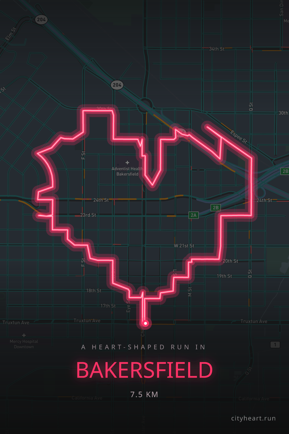 Heart-shaped running route in Bakersfield, 7.5 km — GPS art for Strava