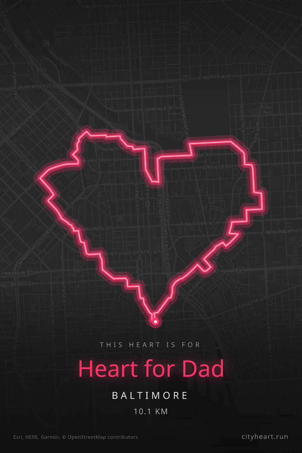 Heart-shaped running route in Baltimore, 10.1 km — GPS art for Strava