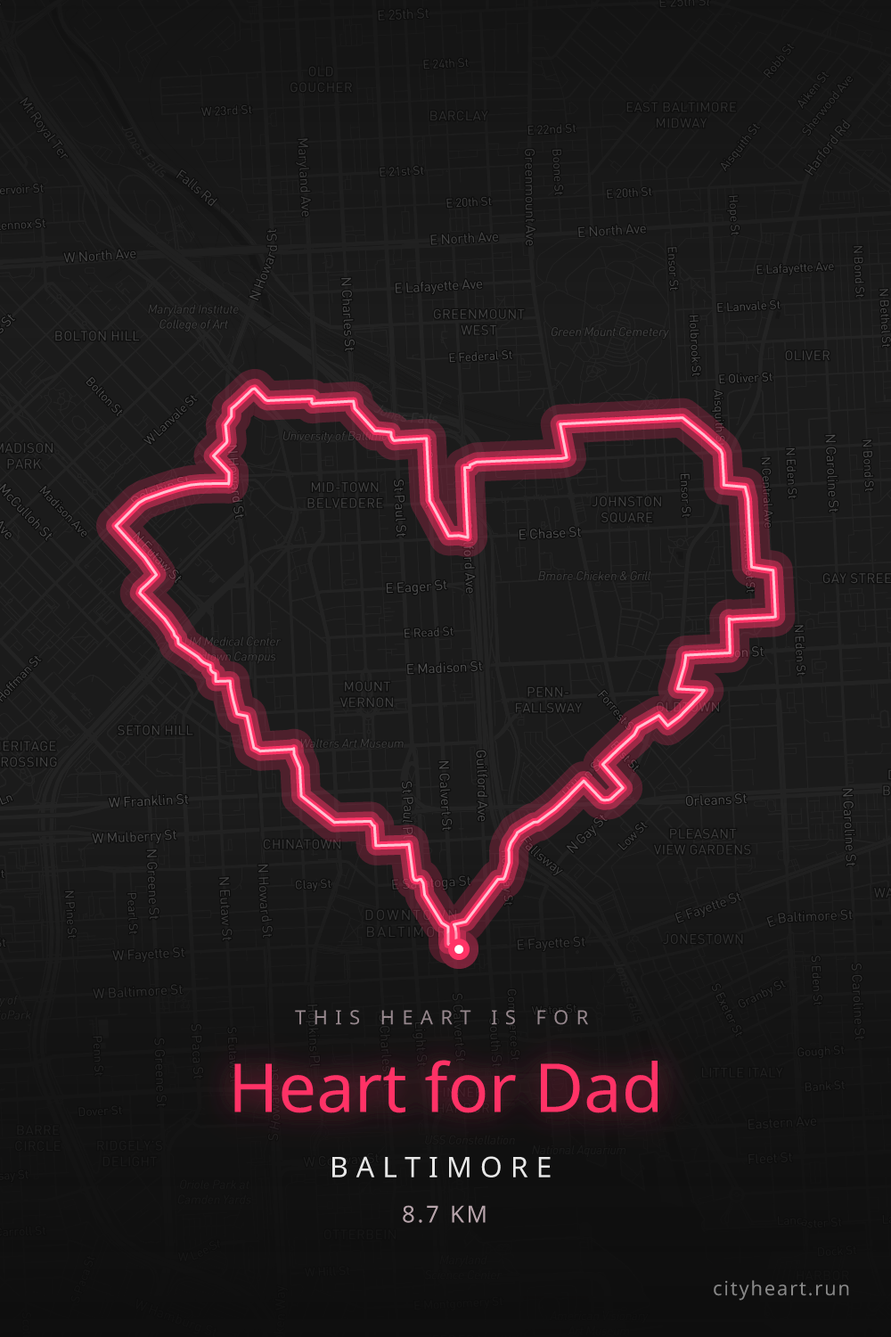 Heart-shaped running route in Baltimore, 10.1 km — GPS art for Strava