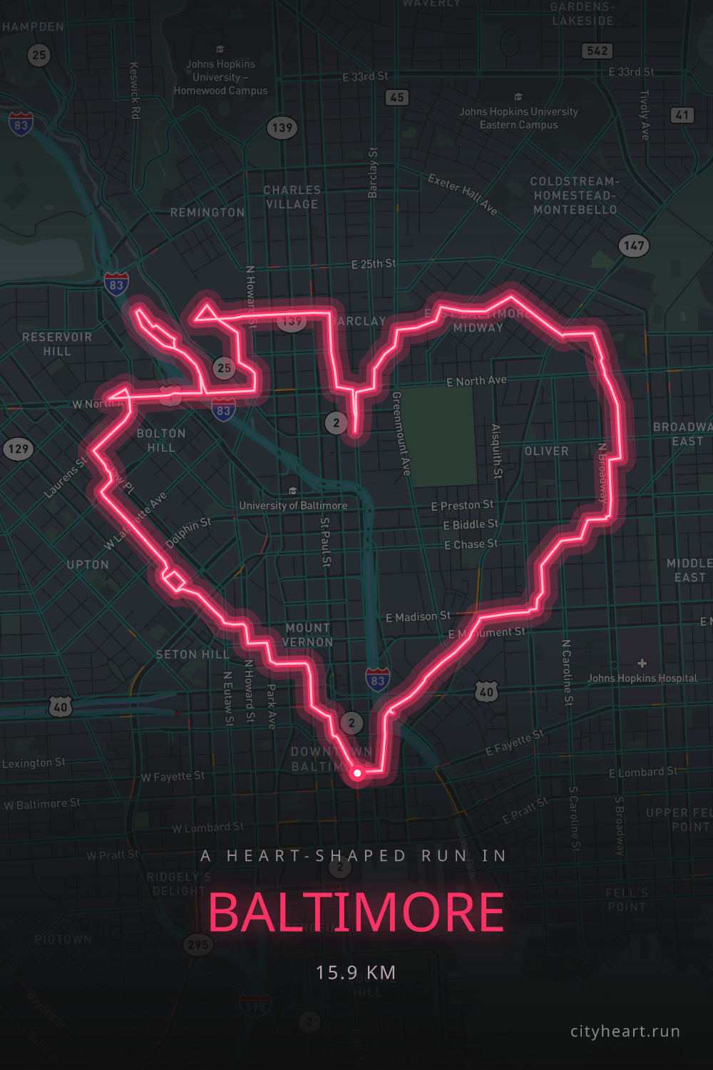 Heart-shaped running route in Baltimore, 15.9 km — GPS art for Strava