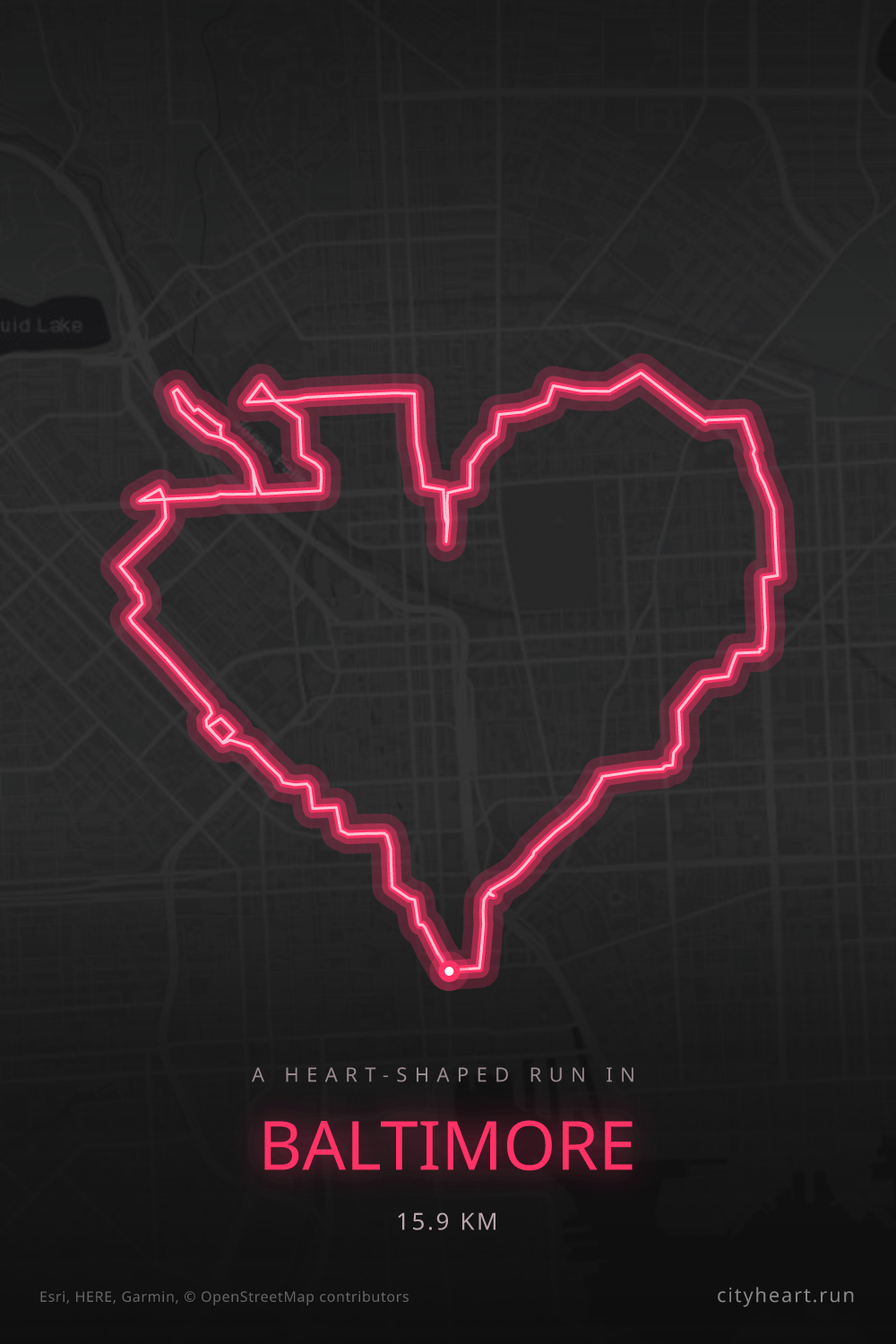 Heart-shaped running route in Baltimore, 15.9 km — GPS art for Strava