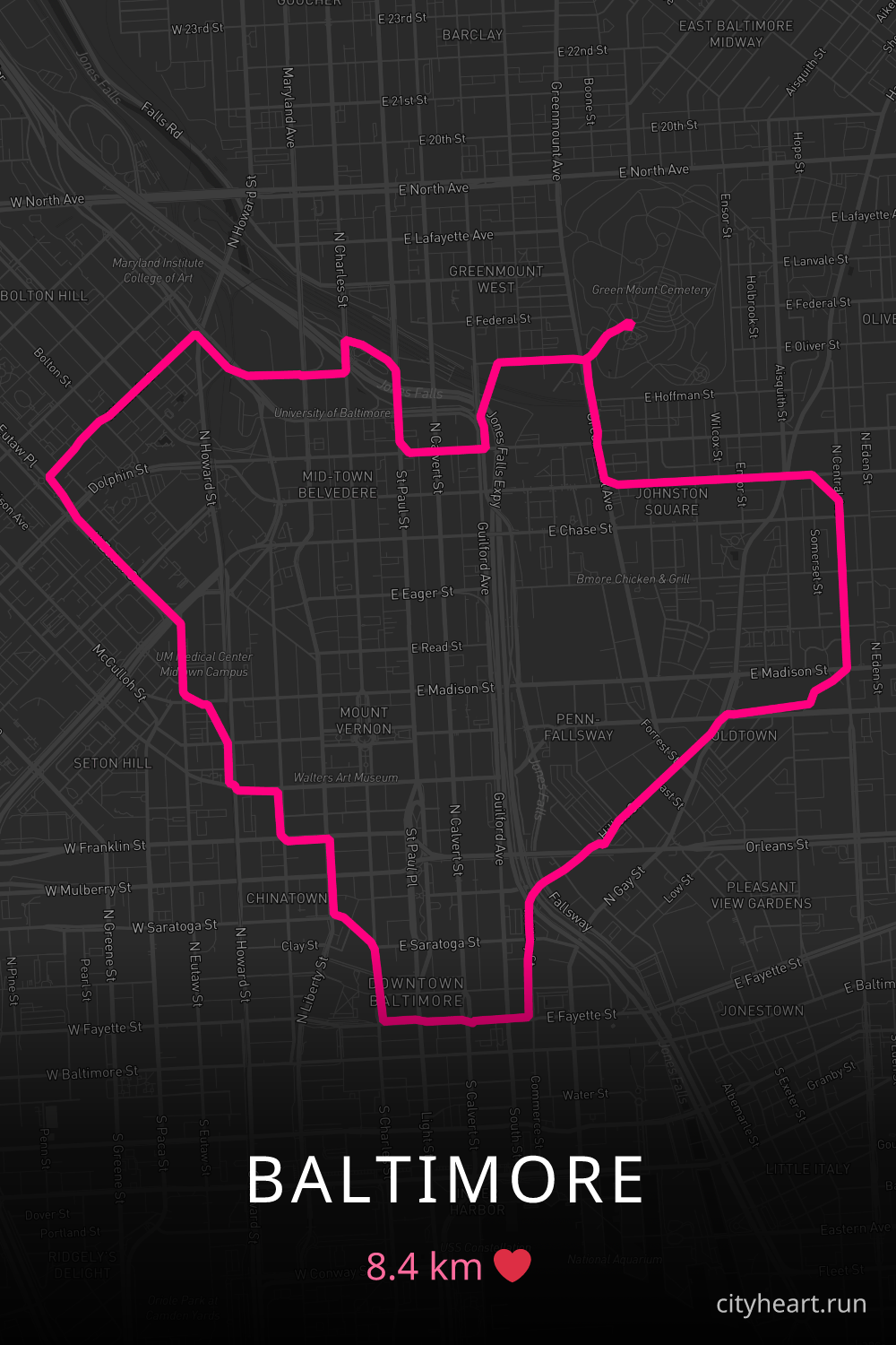 Heart-shaped running route in Baltimore, 8.4 km — GPS art for Strava