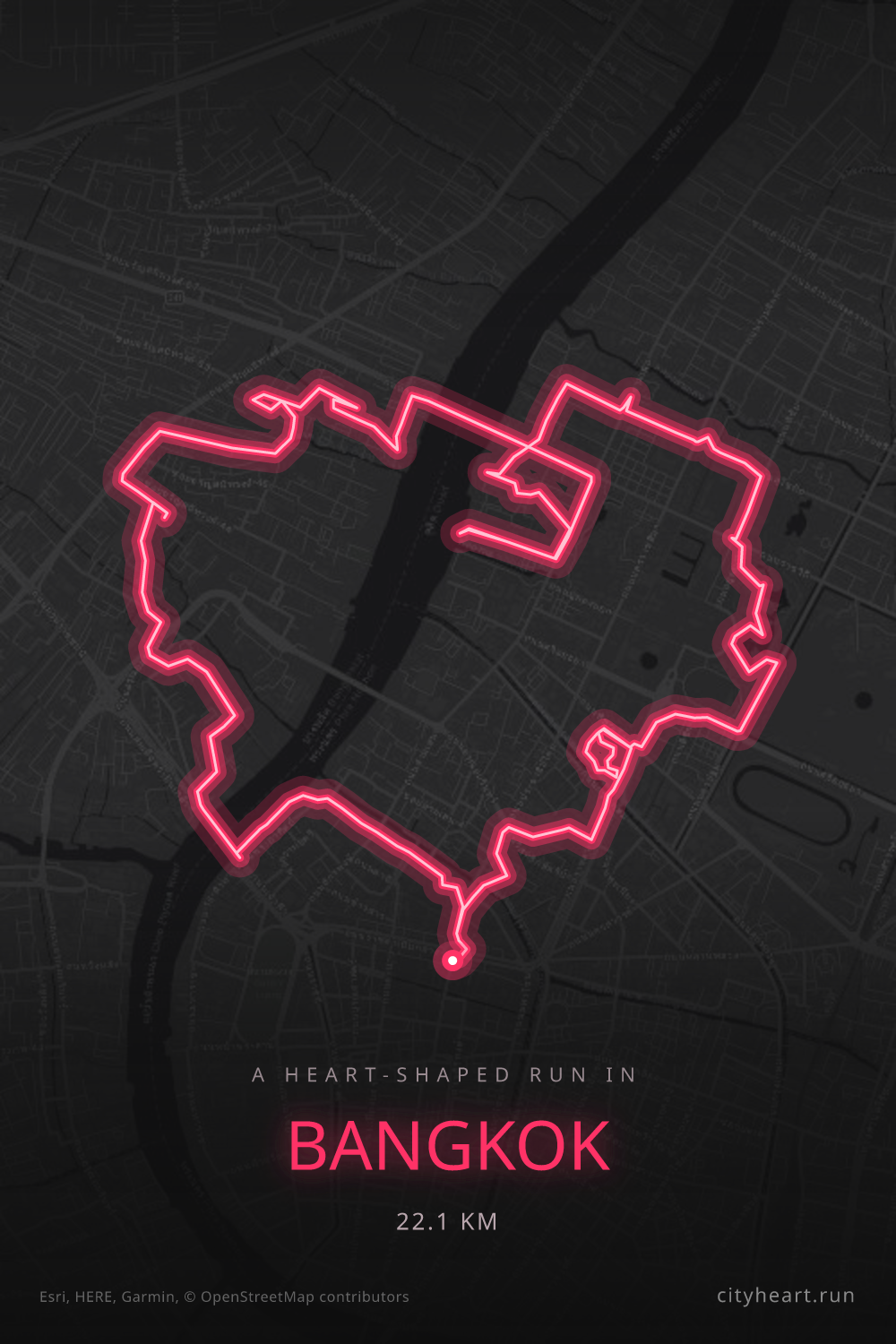 Heart-shaped running route in Bangkok, 22.1 km — GPS art for Strava