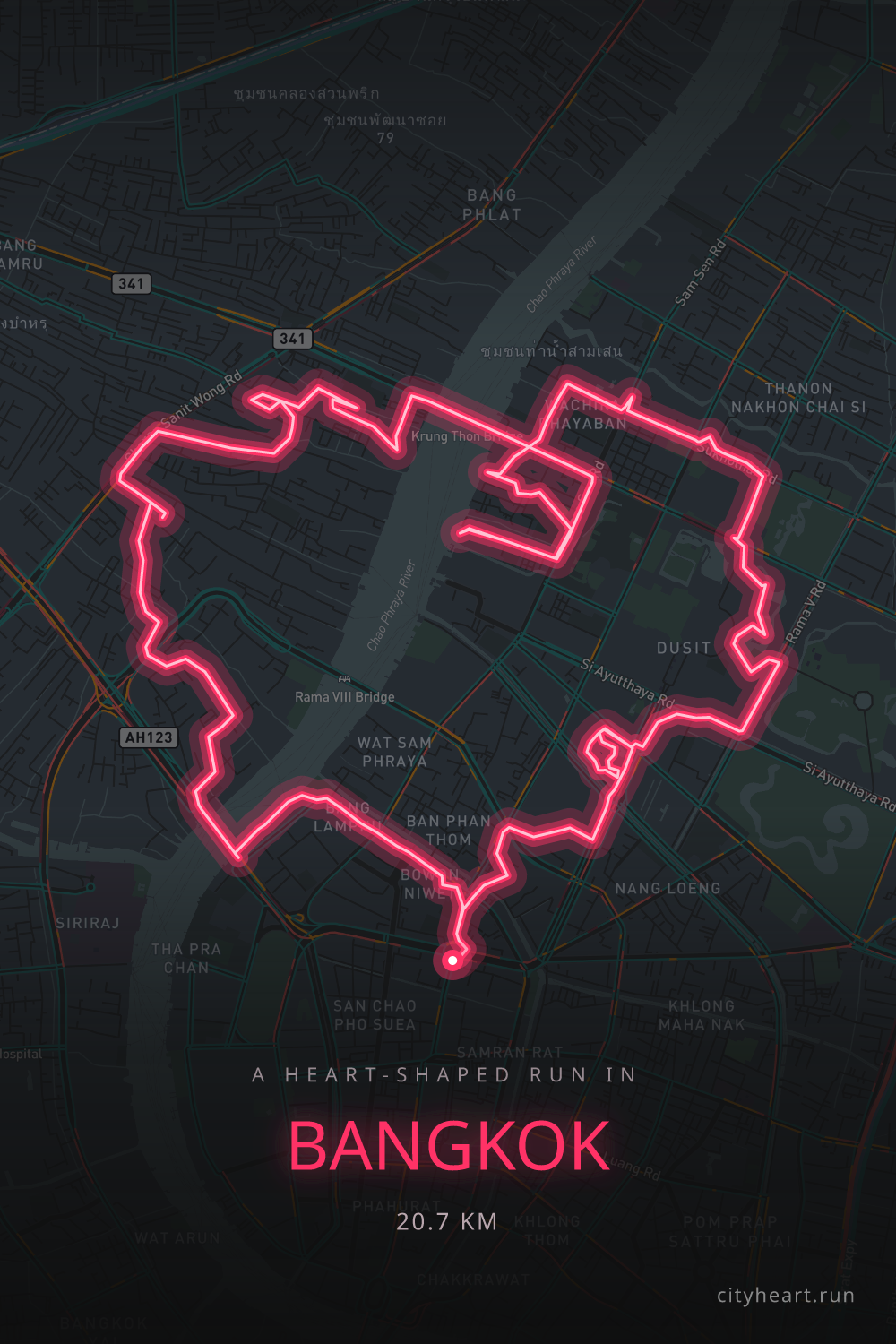 Heart-shaped running route in Bangkok, 22.1 km — GPS art for Strava