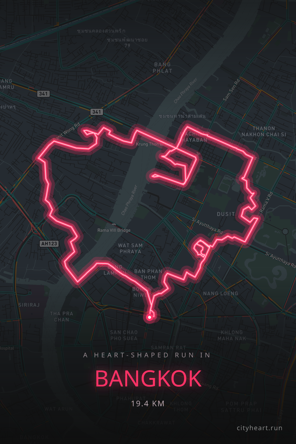 Heart-shaped running route in Bangkok, 19.4 km — GPS art for Strava