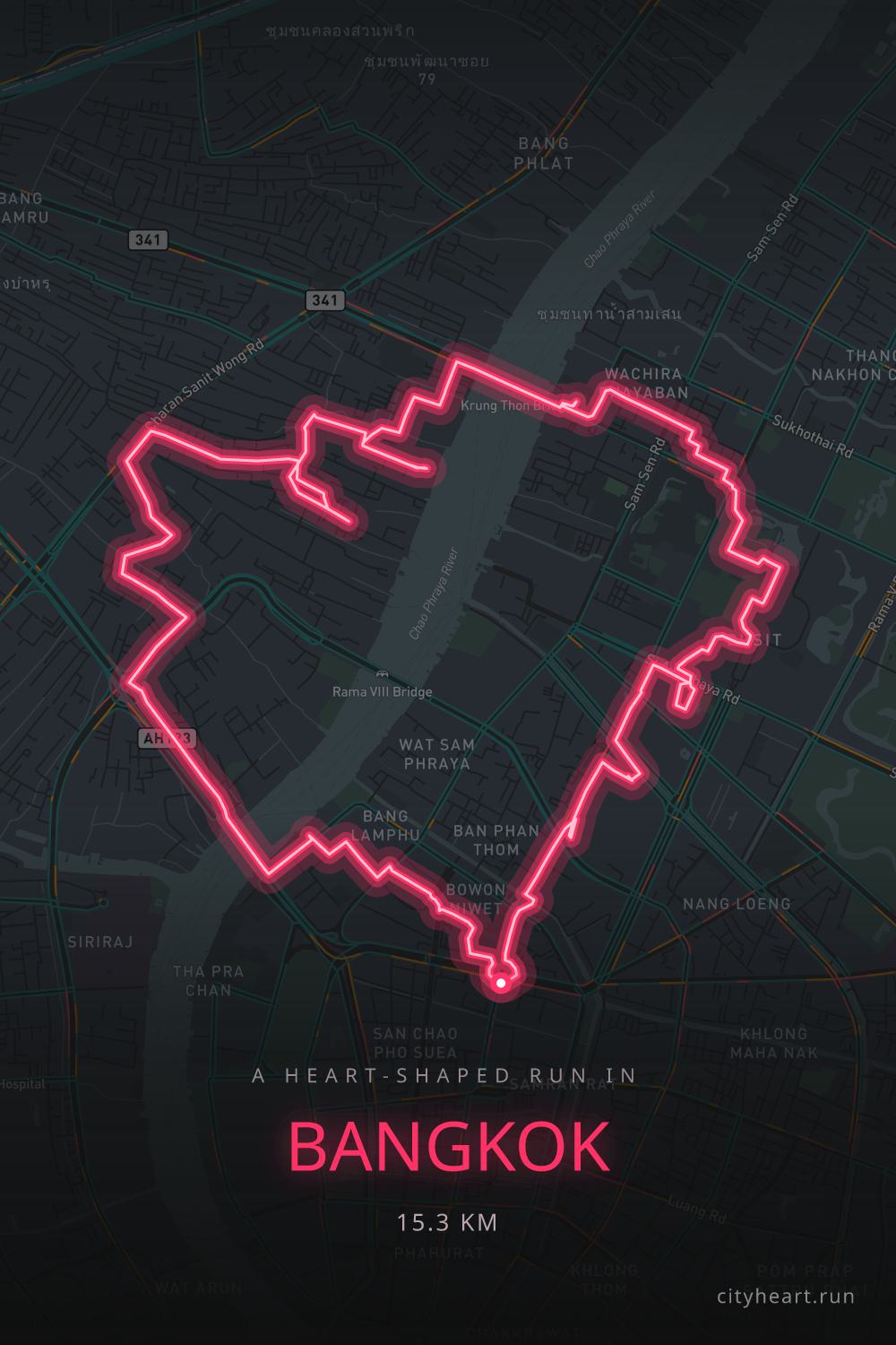 Heart-shaped running route in Bangkok, 15.3 km — GPS art for Strava