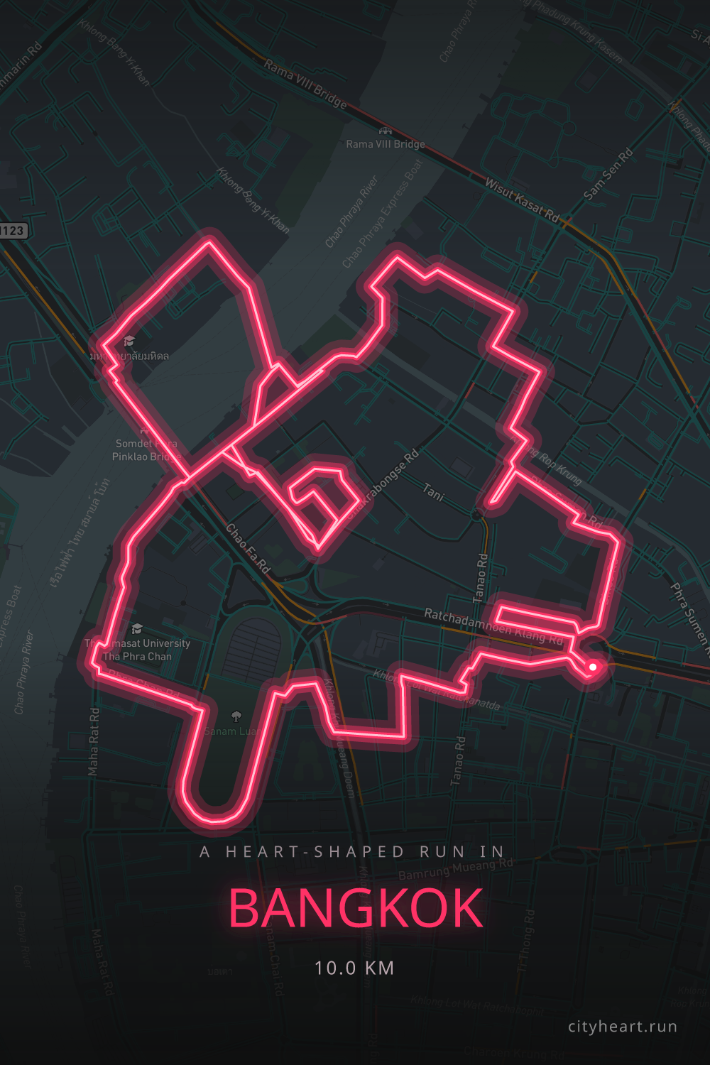 Heart-shaped running route in Bangkok, 10.0 km — GPS art for Strava